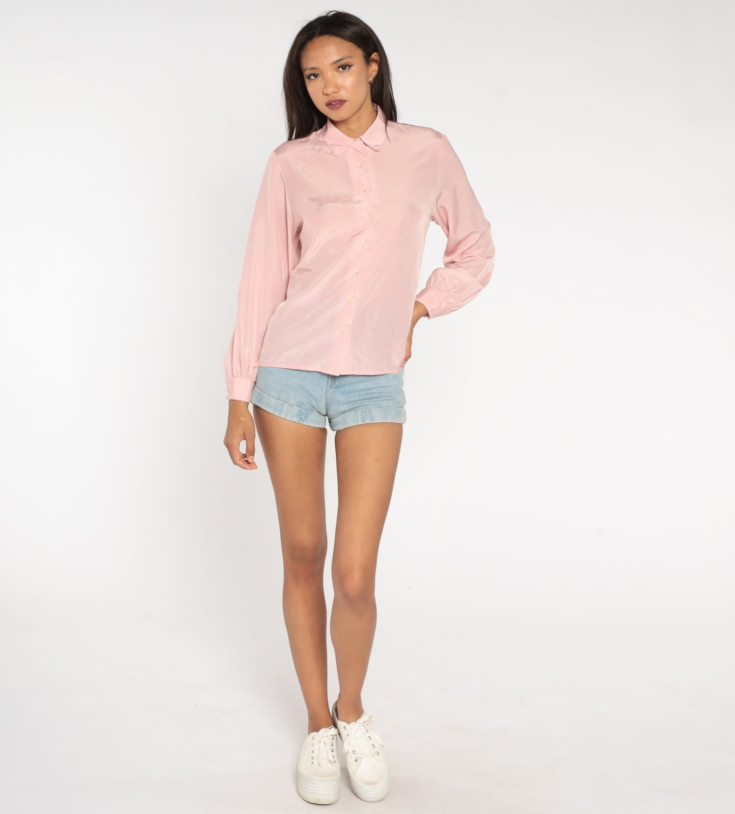 80s Leslie Fay Baby Pink Button-Up Blouse Long Sleeve Collared Medium