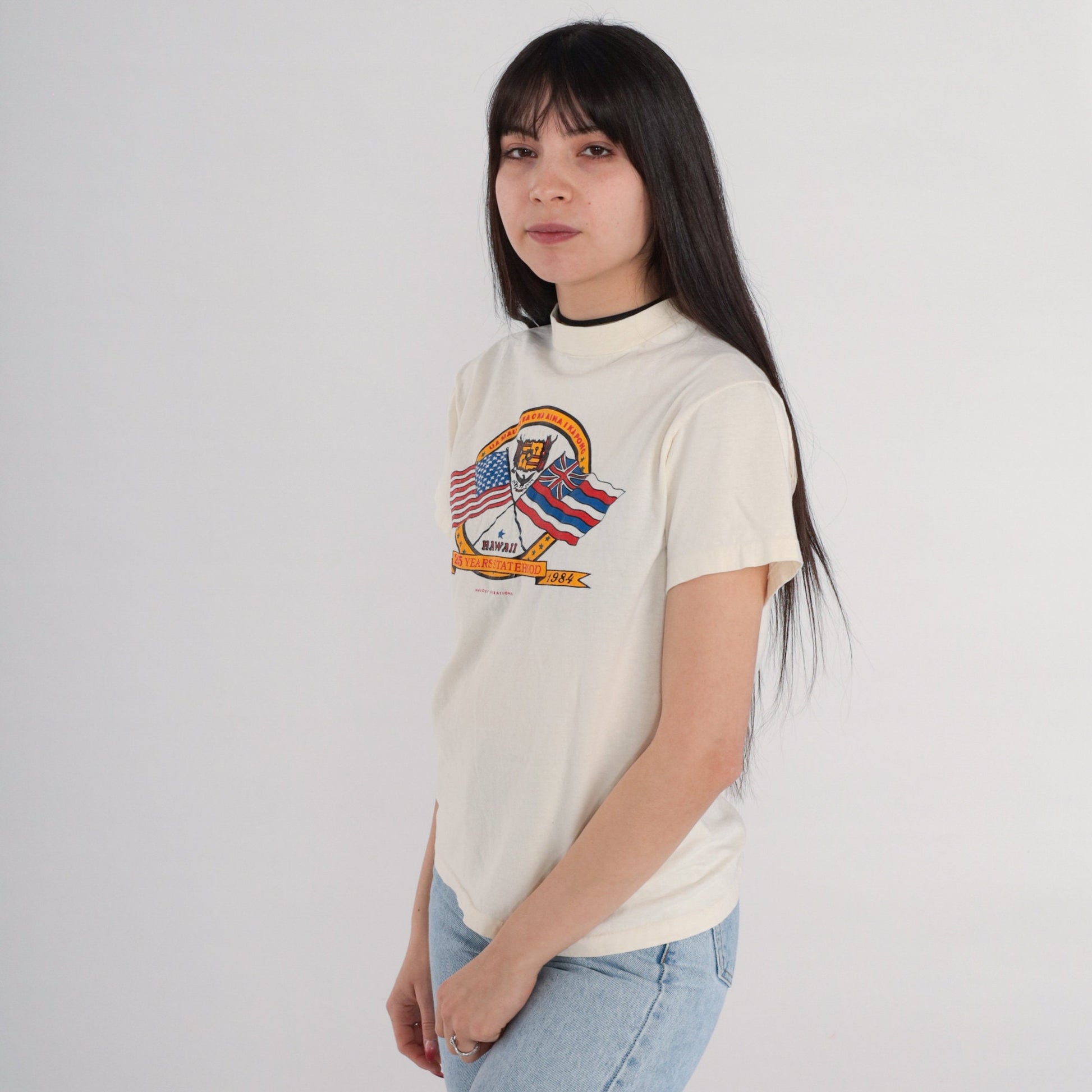 1984 Hawaii 25 Years Statehood Graphic T-Shirt Cream Cotton Small