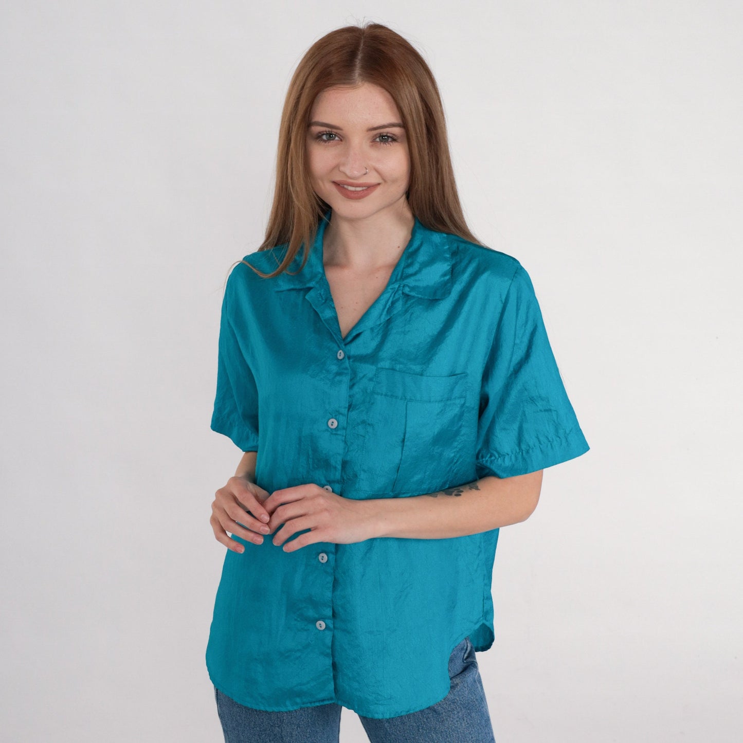 80s Blue Button-Up Shirt Short Sleeve Collared Blouse Chest Pocket Medium