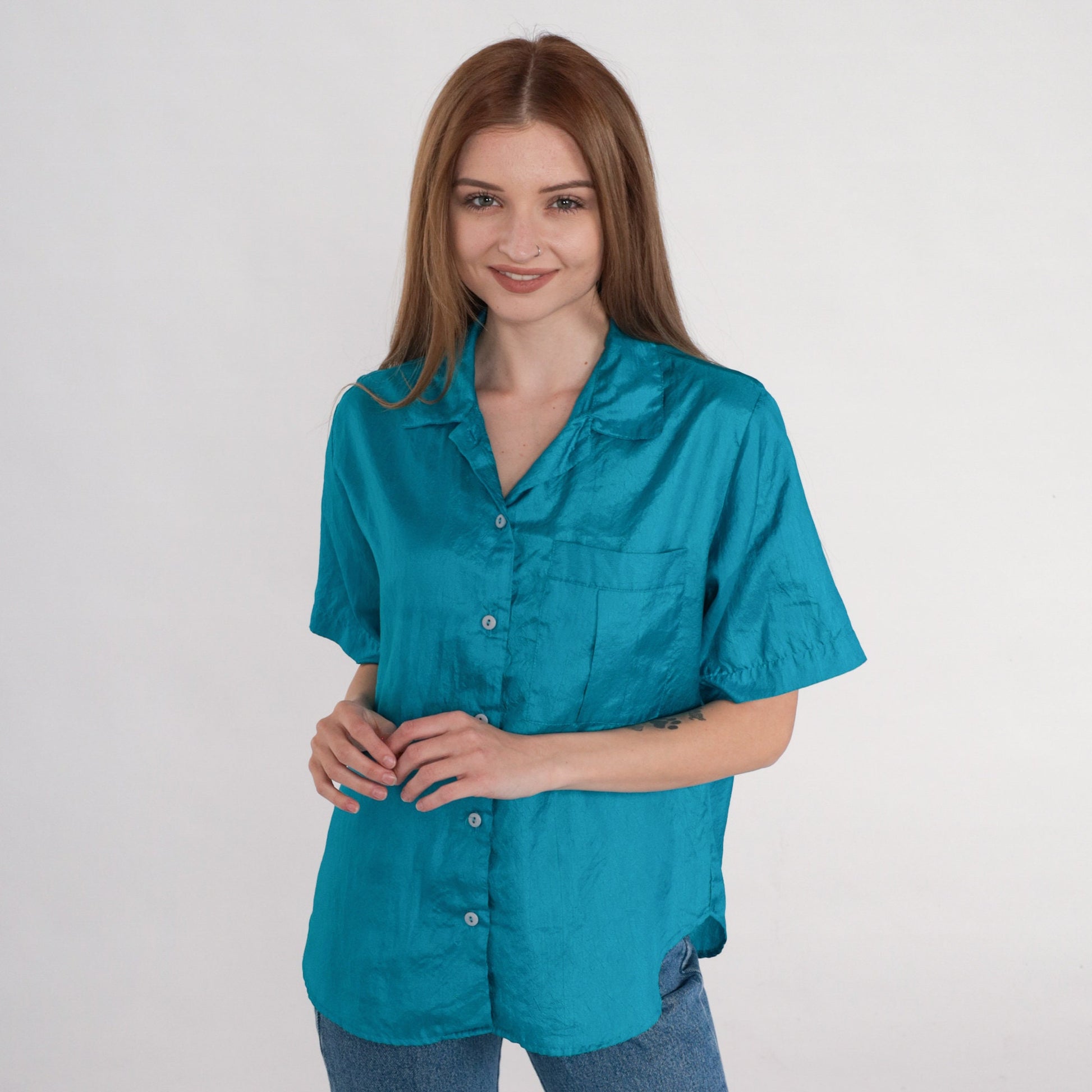 80s Blue Button-Up Shirt Short Sleeve Collared Blouse Chest Pocket Medium