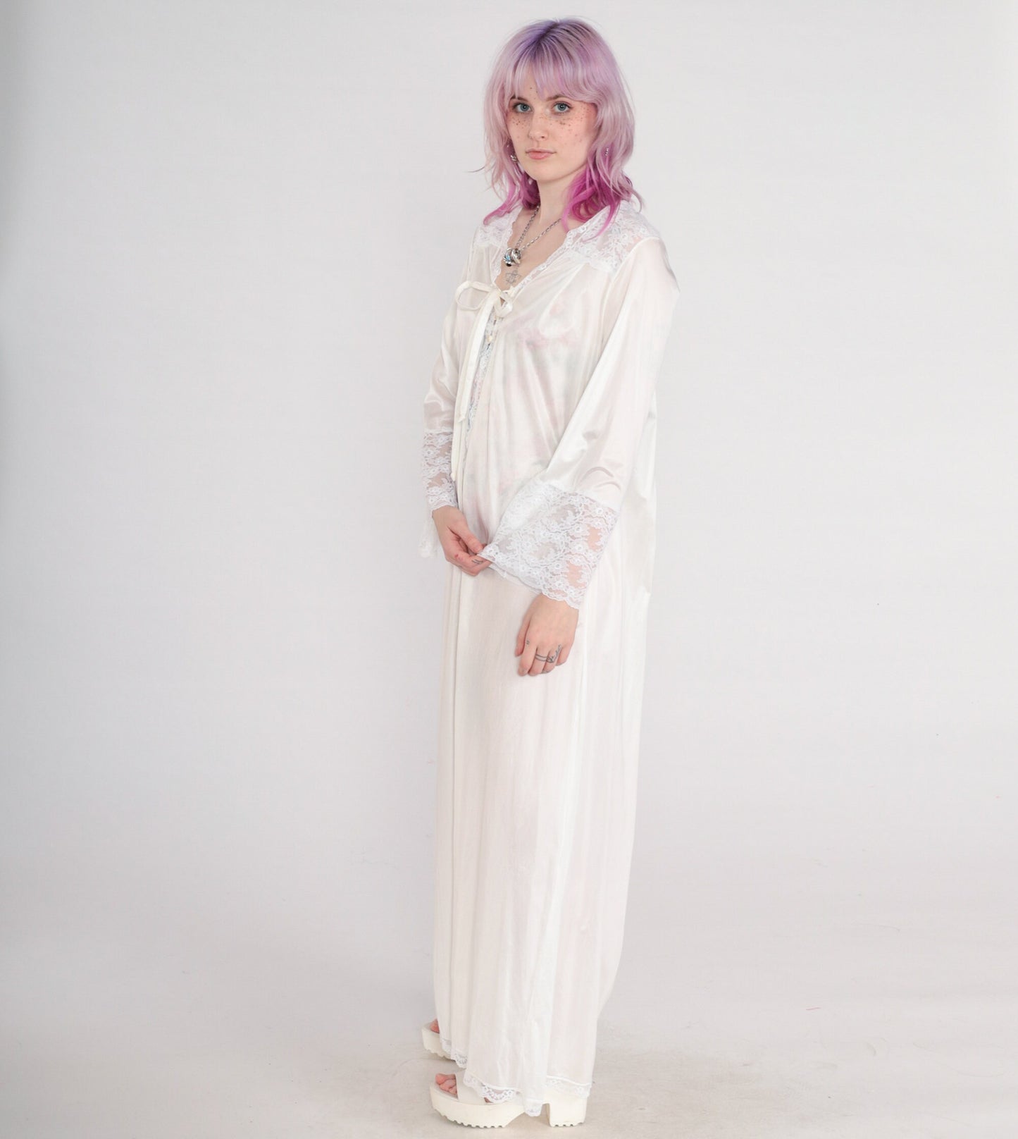 70s Gilead White Nylon Maxi Lingerie Robe Lace Trim Tie Front Small