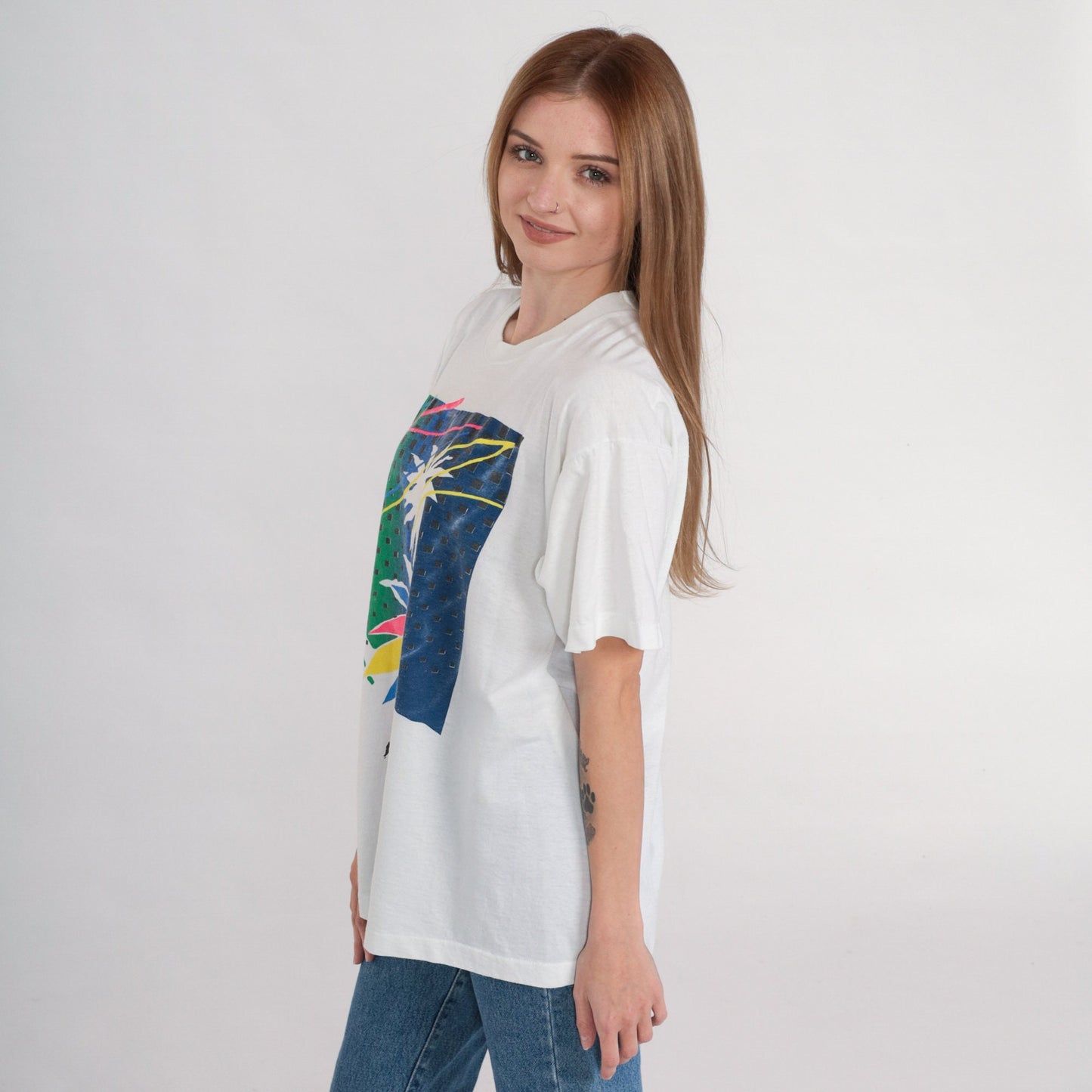 90s Tropical Palm Tree Graphic T-Shirt Single Stitch White Extra Large XL
