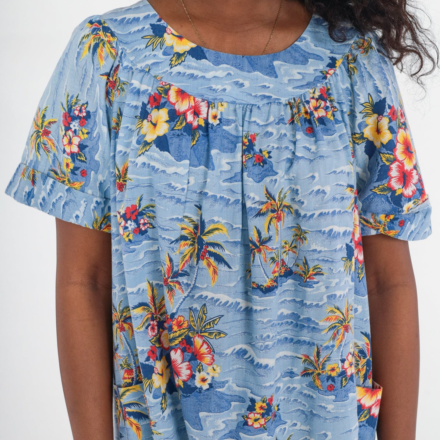 70s Hawaiian Tropical Floral Midi Dress Palm Tree Tent Cut Blue Large