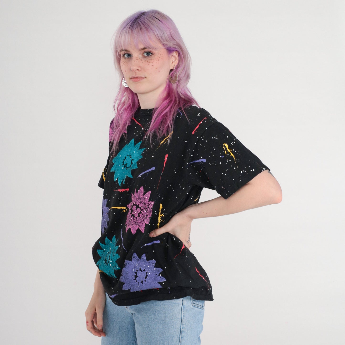 90s Floral Sponge Painted T-Shirt Black Purple Brushstroke Cotton Tee Large