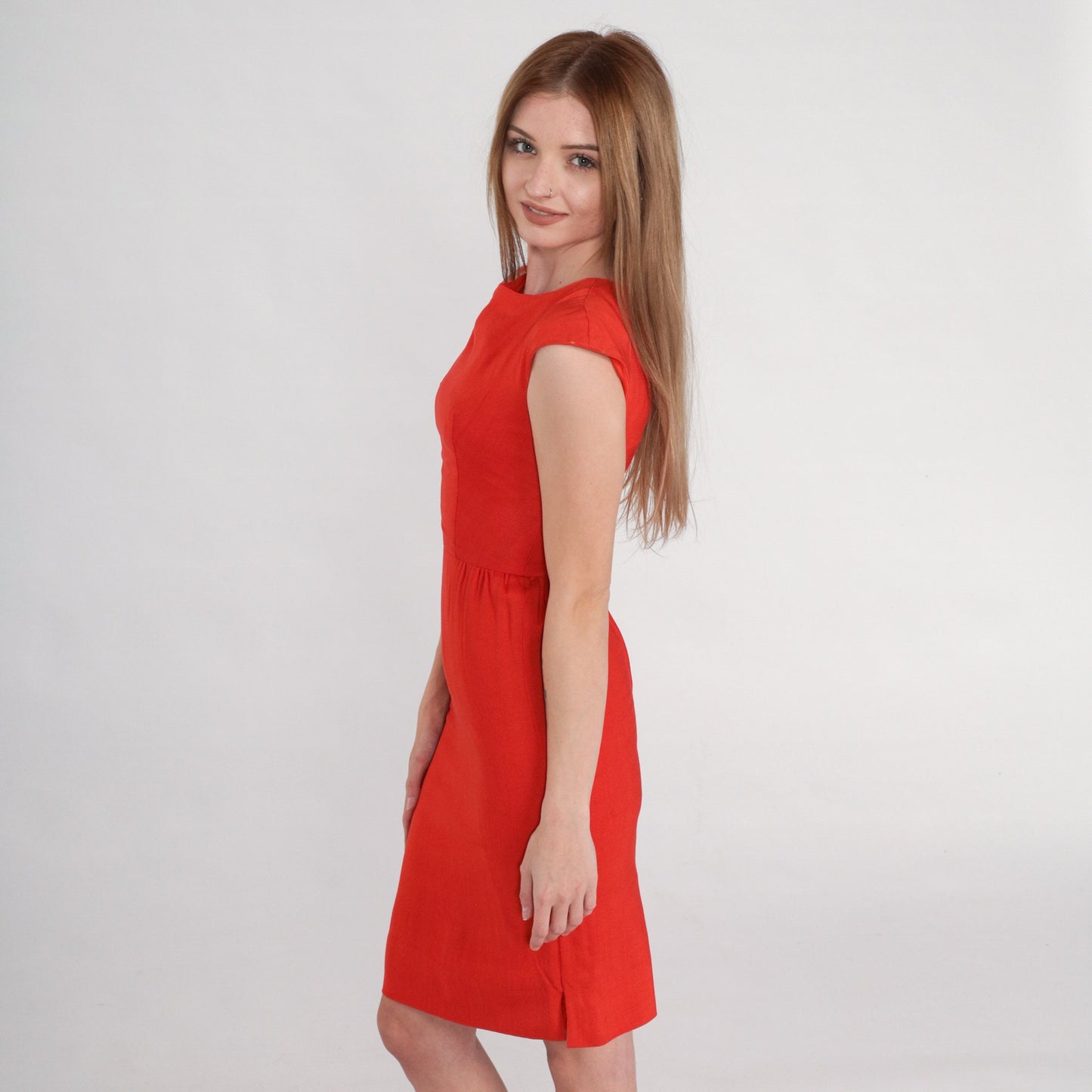 1960s Red Pencil Dress Cap Sleeve Mini Wiggle Sheath Cocktail XXS