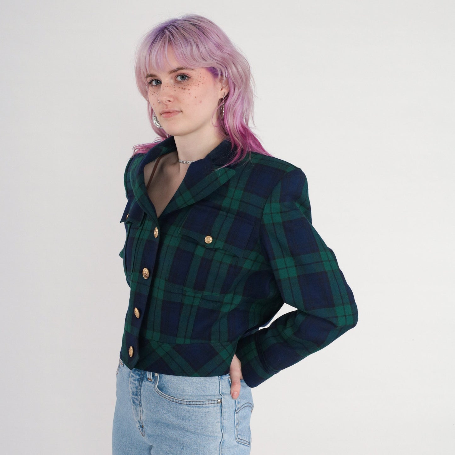 90s Talbots Plaid Wool Blazer Cropped Blue Green Tartan Small 6