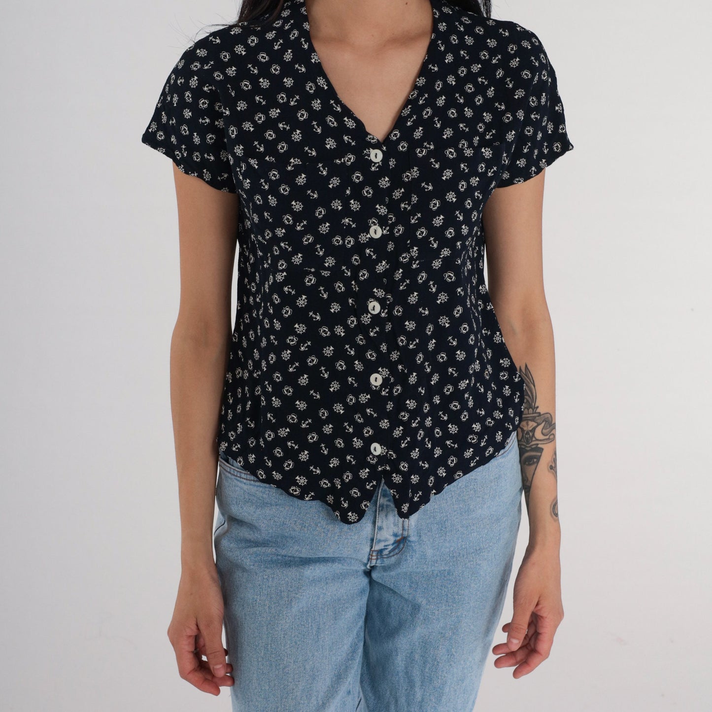 90s Liz Claiborne Nautical Button Up Blouse Navy Anchor Print Small