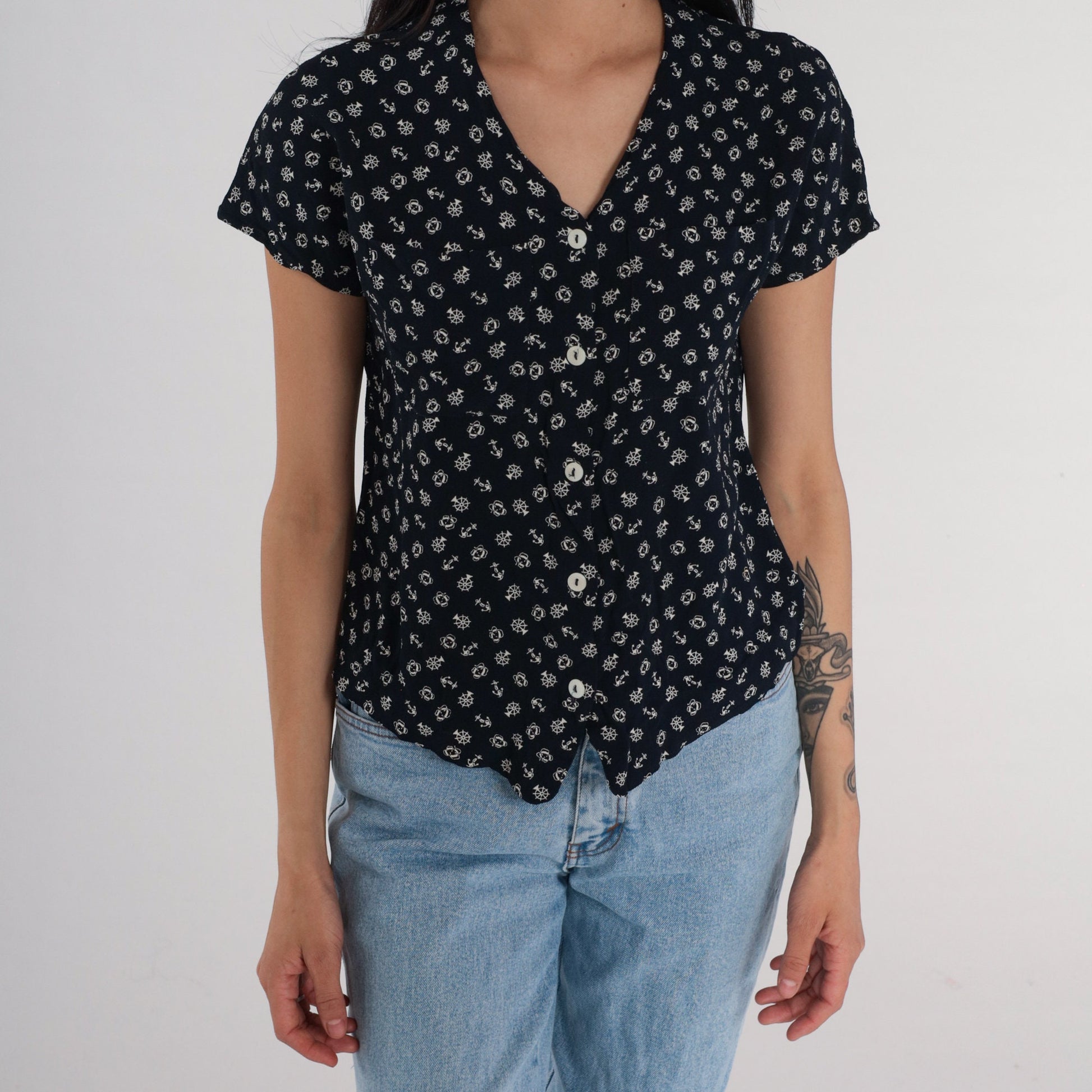 90s Liz Claiborne Nautical Button Up Blouse Navy Anchor Print Small