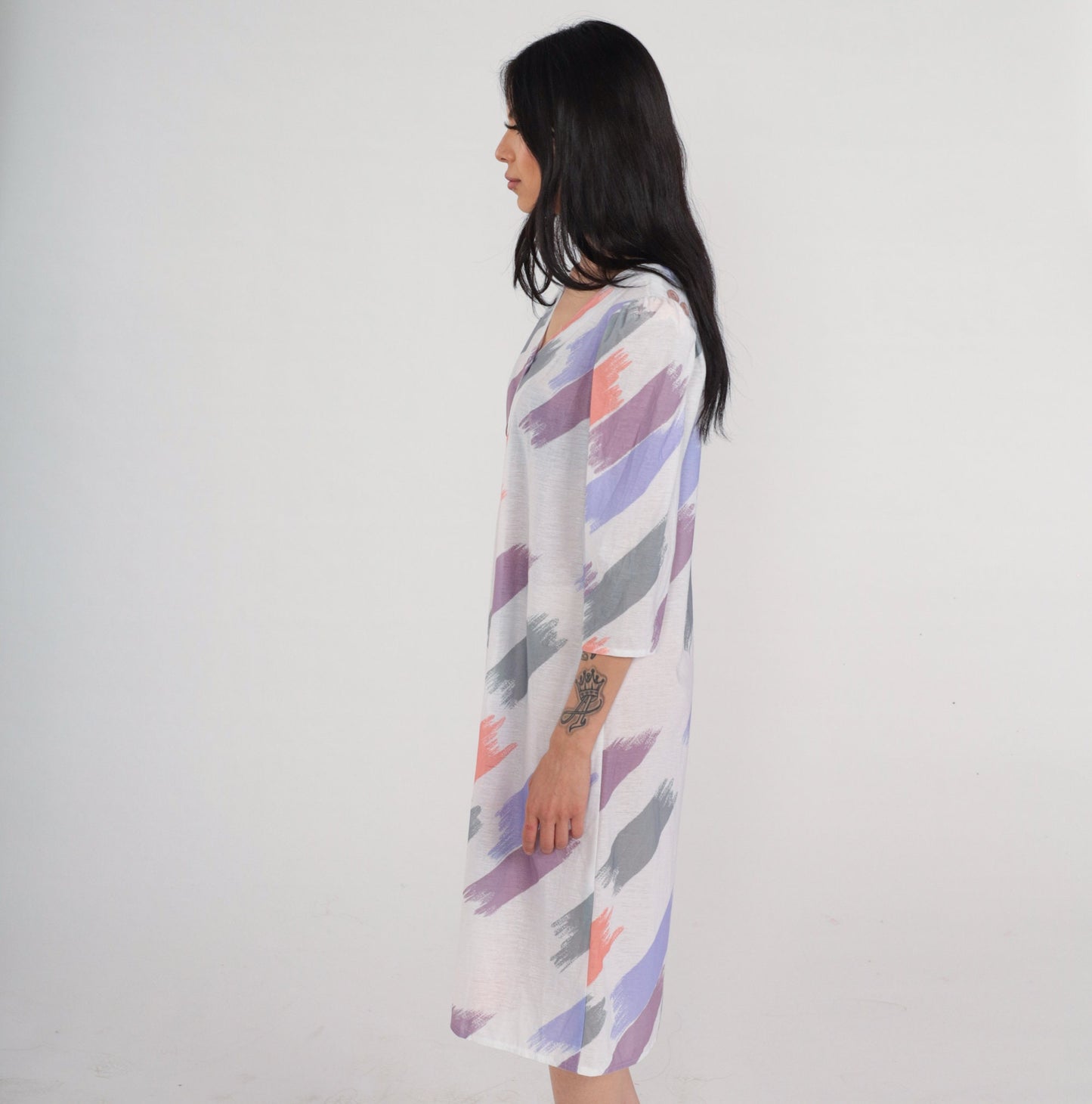 80s Brushstroke Print Shirt Dress Puff Sleeve Button-Up Knee-Length White Small S