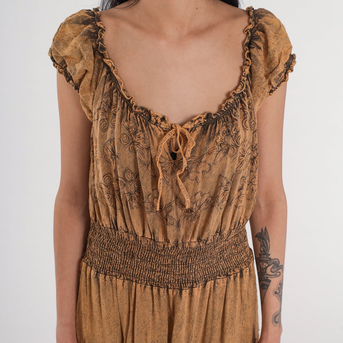 90s Indian Embroidered Floral Midi Dress Brown Cap Sleeve Medium Large