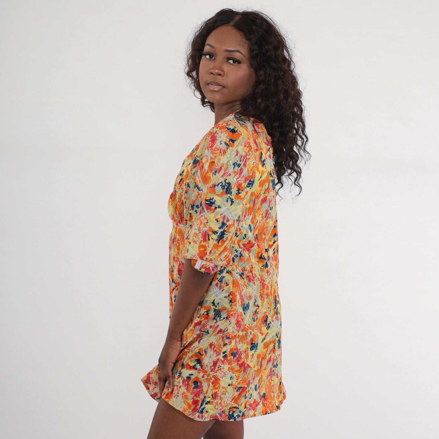 70s Psychedelic Mini Dress Empire Waist Bell Sleeve V Neck Medium Large