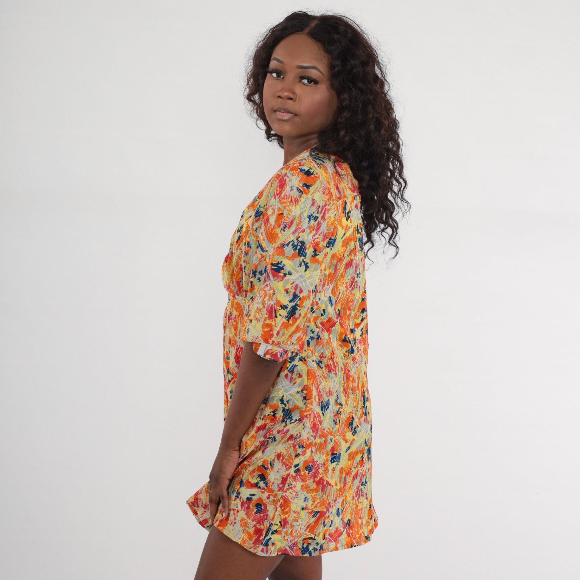 70s Psychedelic Mini Dress Empire Waist Bell Sleeve V Neck Medium Large