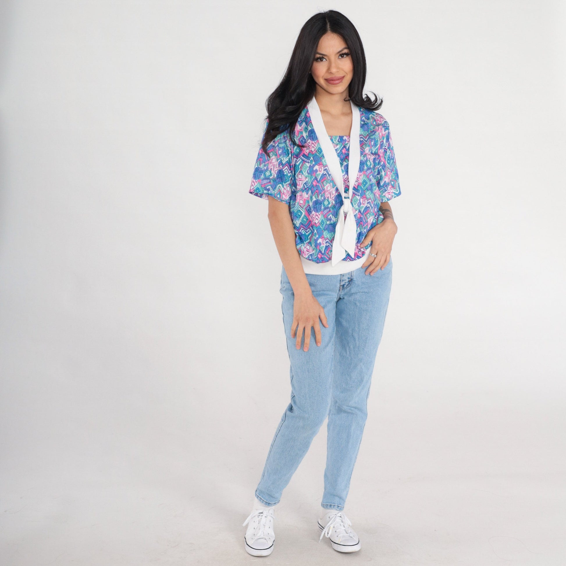 90s Abstract Print Necktie Blouse Short Sleeve Banded Hem White Blue Pink Green Medium