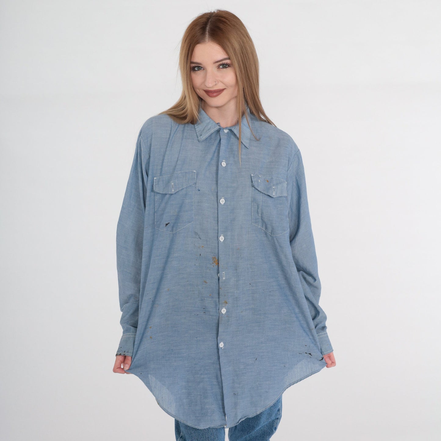 80s Key Imperial Chambray Button-Up Shirt Blue Paint Splatter Distressed XL