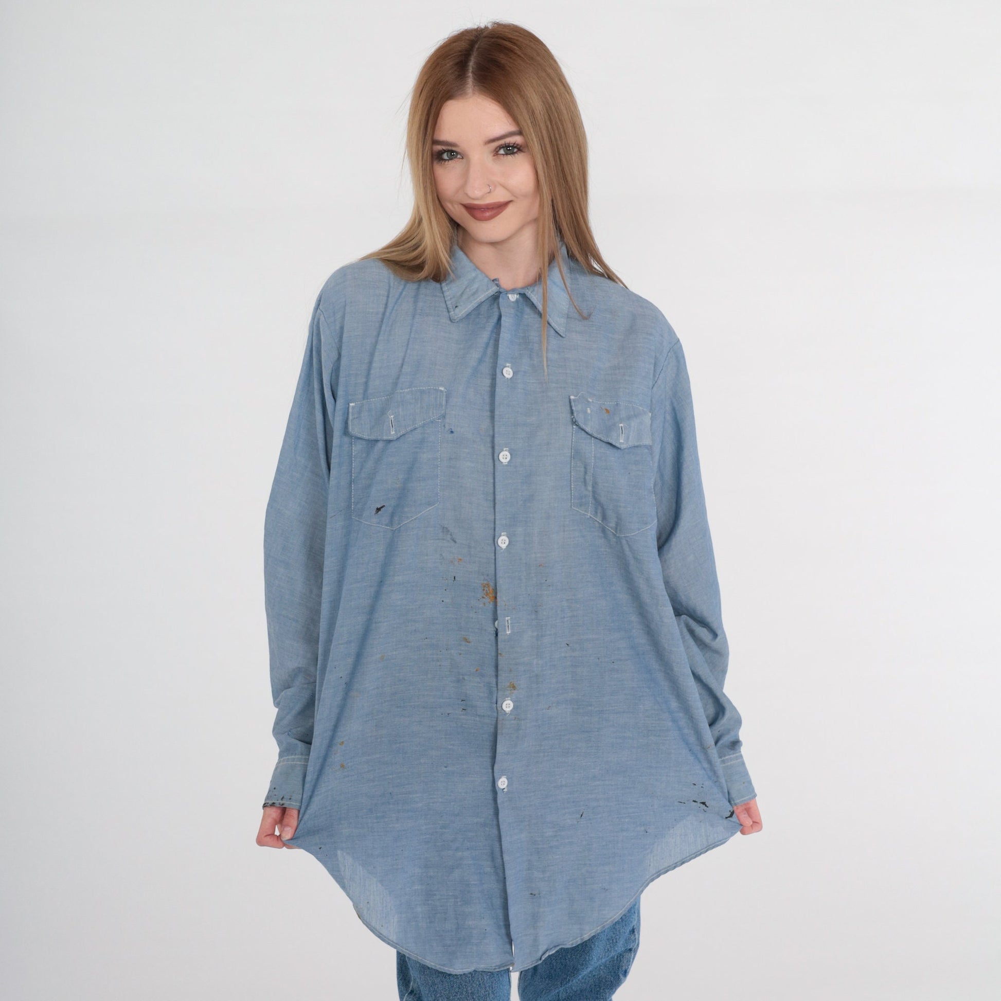 80s Key Imperial Chambray Button-Up Shirt Blue Paint Splatter Distressed XL