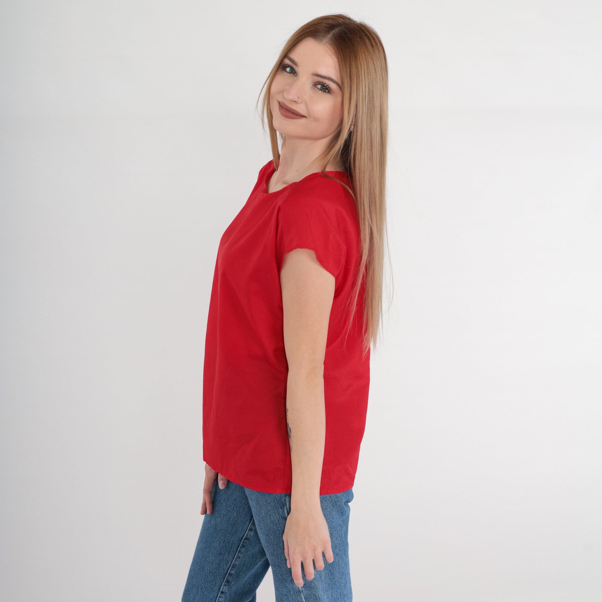 90s Red Cap Sleeve Blouse Plain Vintage Shirt Medium