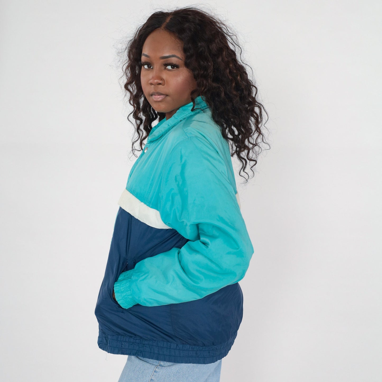 80s Colour Block Ski Jacket Blue Aqua Puffer Zip Coat Men's Medium