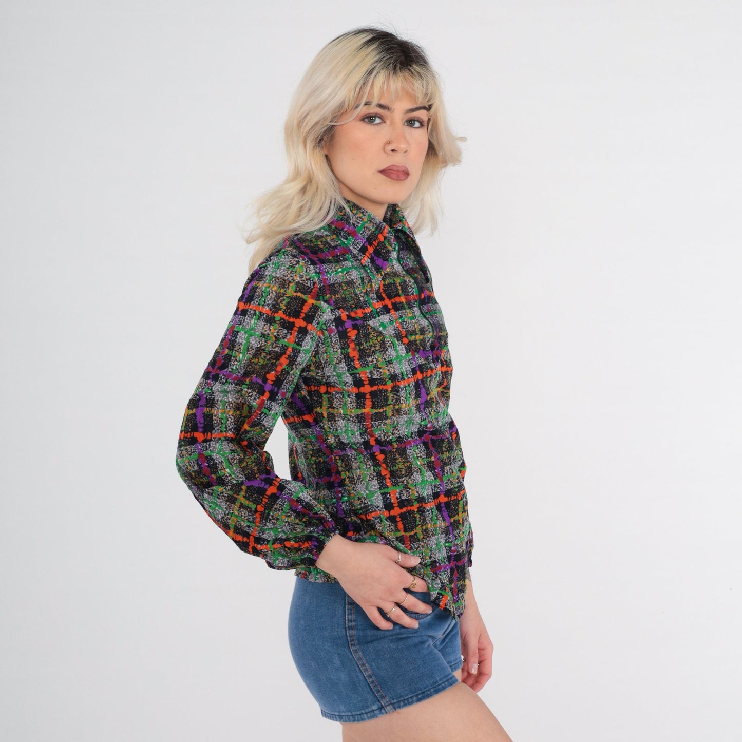 70s Panhandle Slim Checkered Zip Blouse Dagger Collar Multicolor Small S
