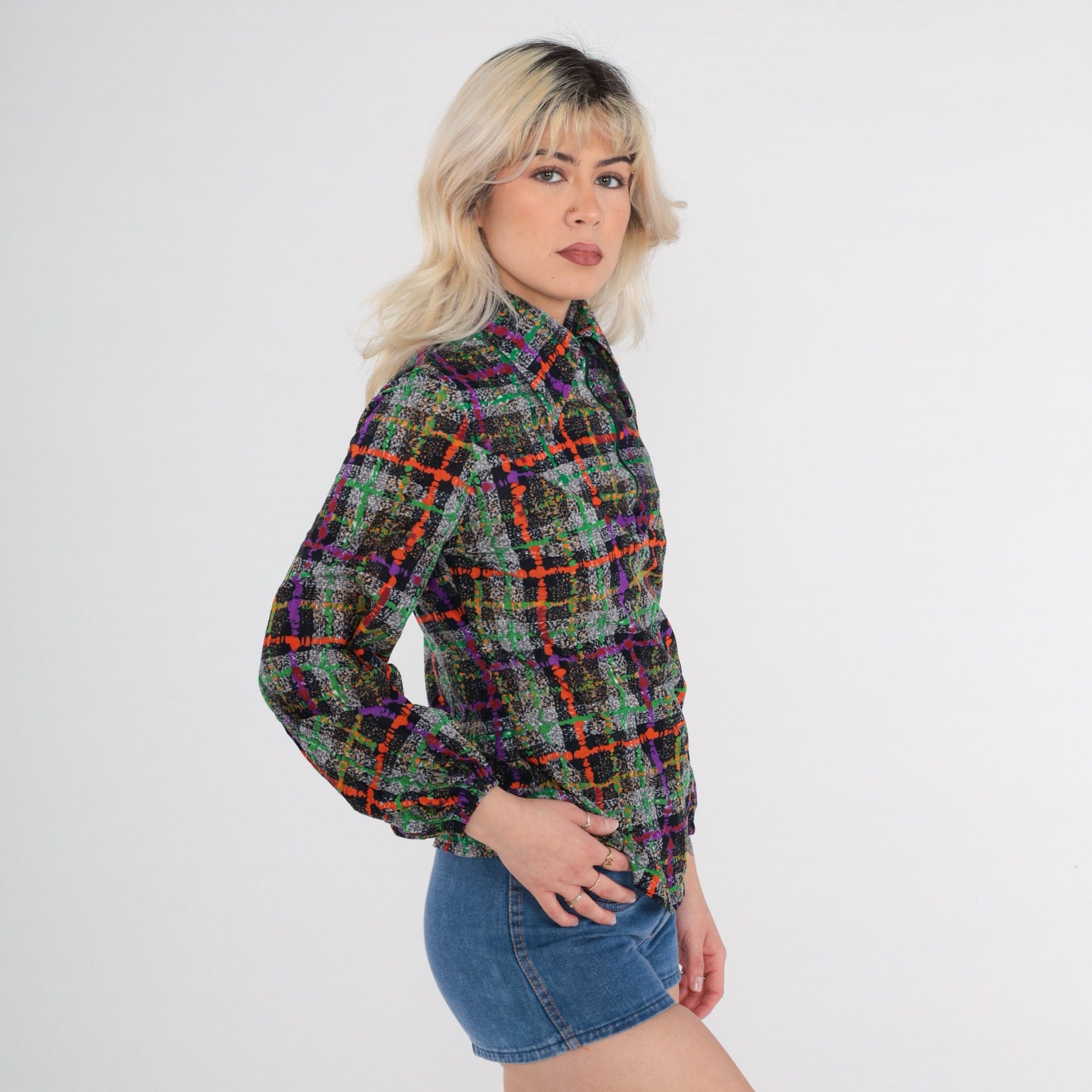 70s Panhandle Slim Checkered Zip Blouse Dagger Collar Multicolor Small S