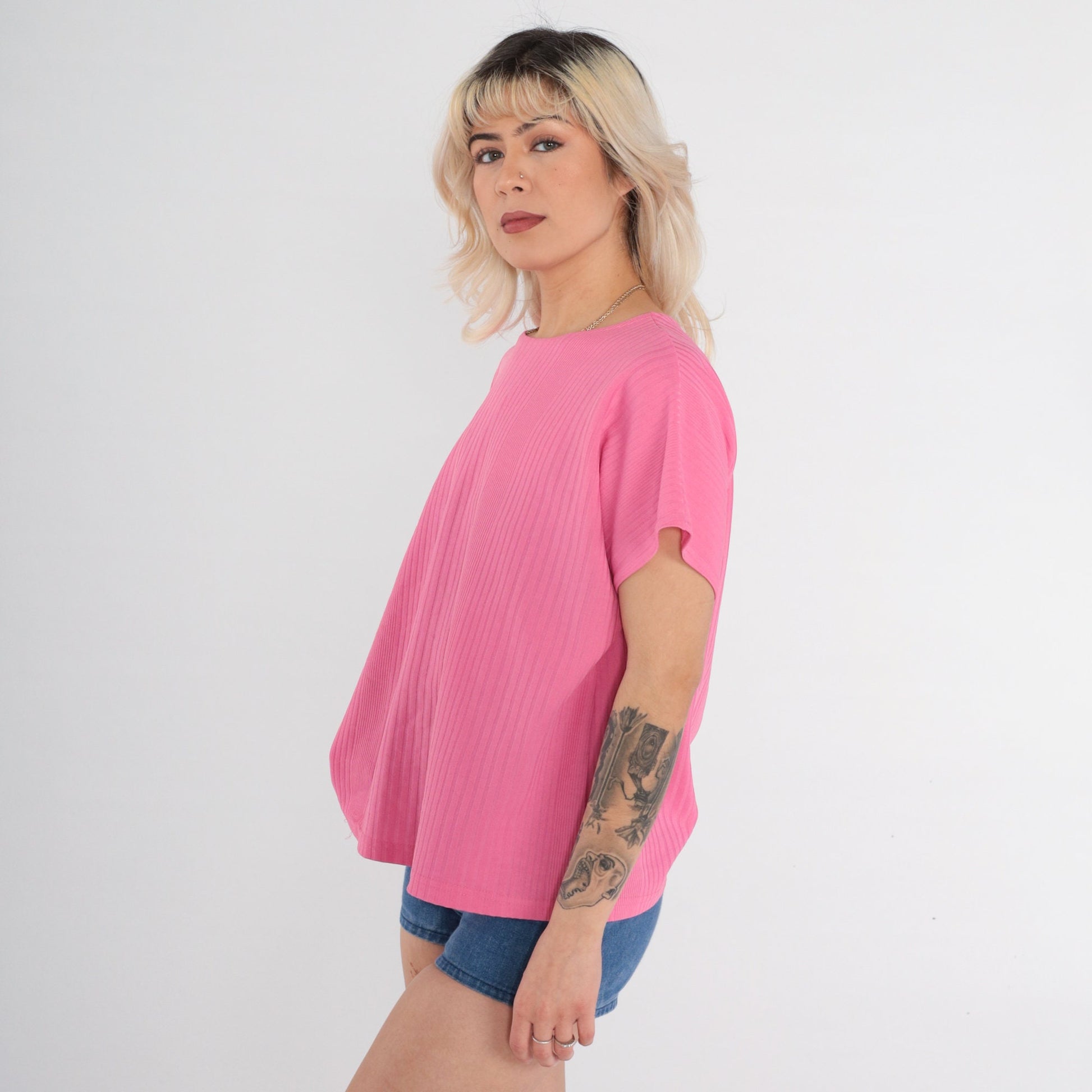 90s Pink Ribbed T-Shirt Plain Tee Extra Large XL
