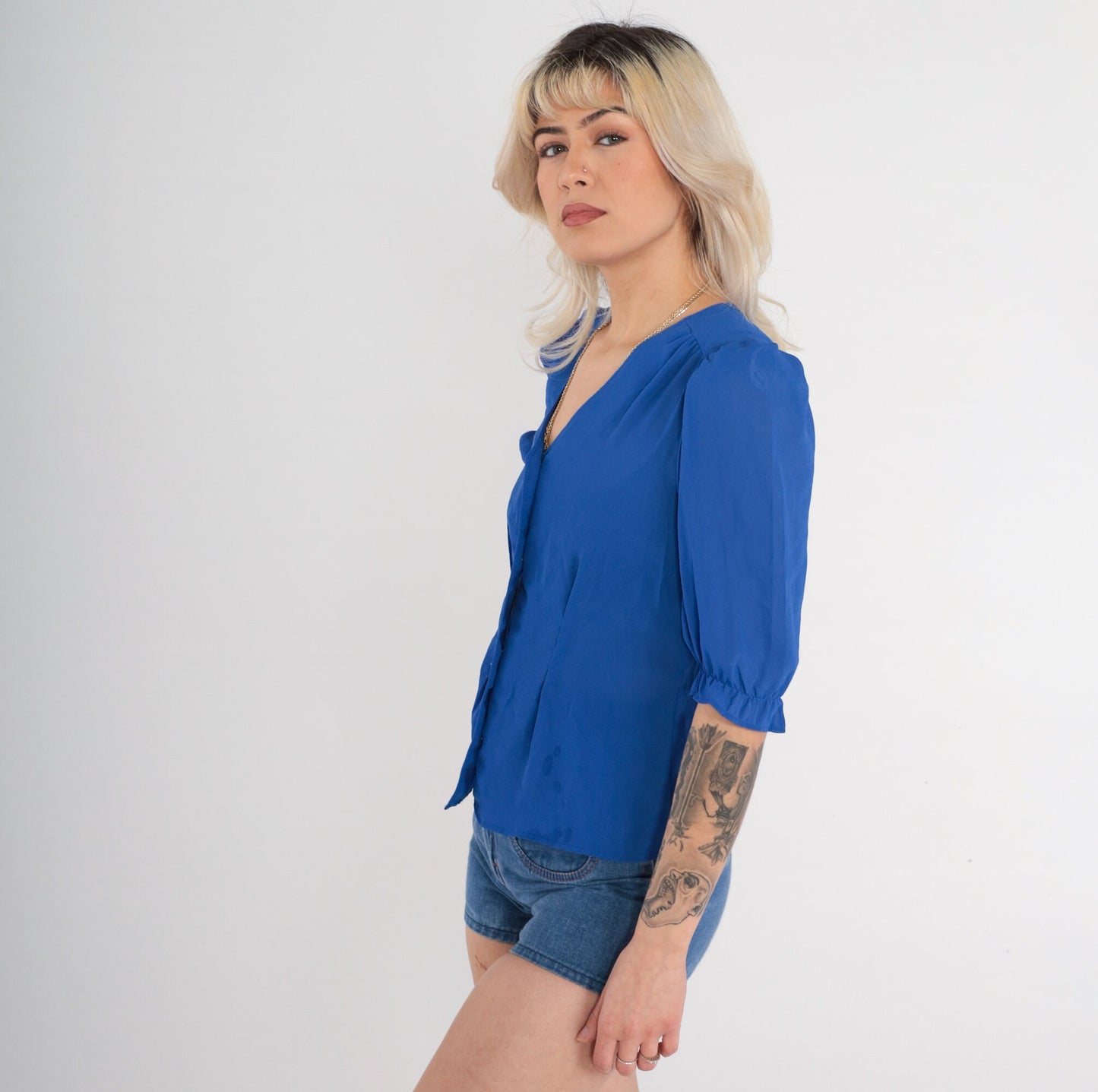 70s Royal Blue Sheer Blouse Puff Sleeve Button Up V Neck Small