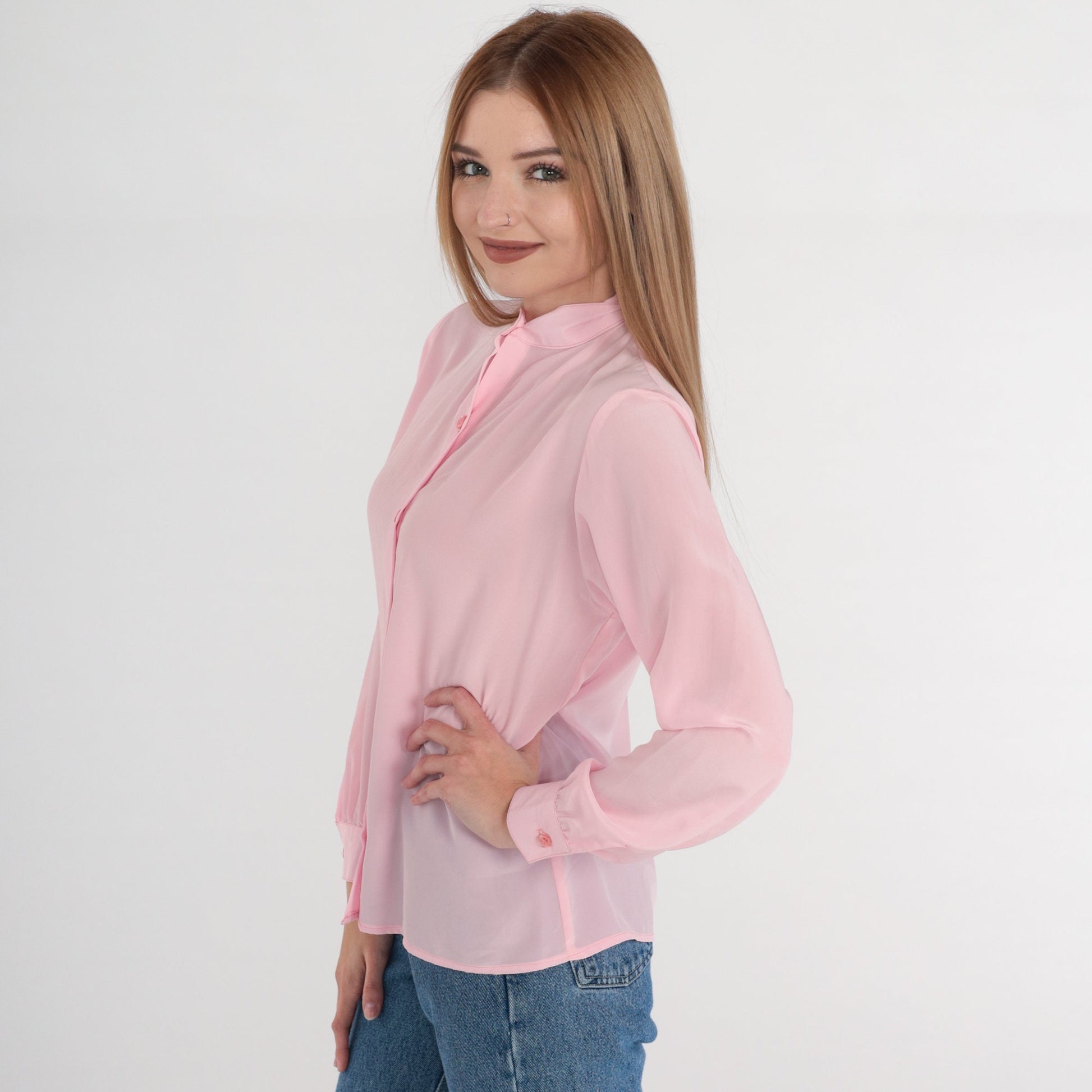 80s Pink Semi-Sheer Button-Up Blouse High Neck Long Sleeve Small