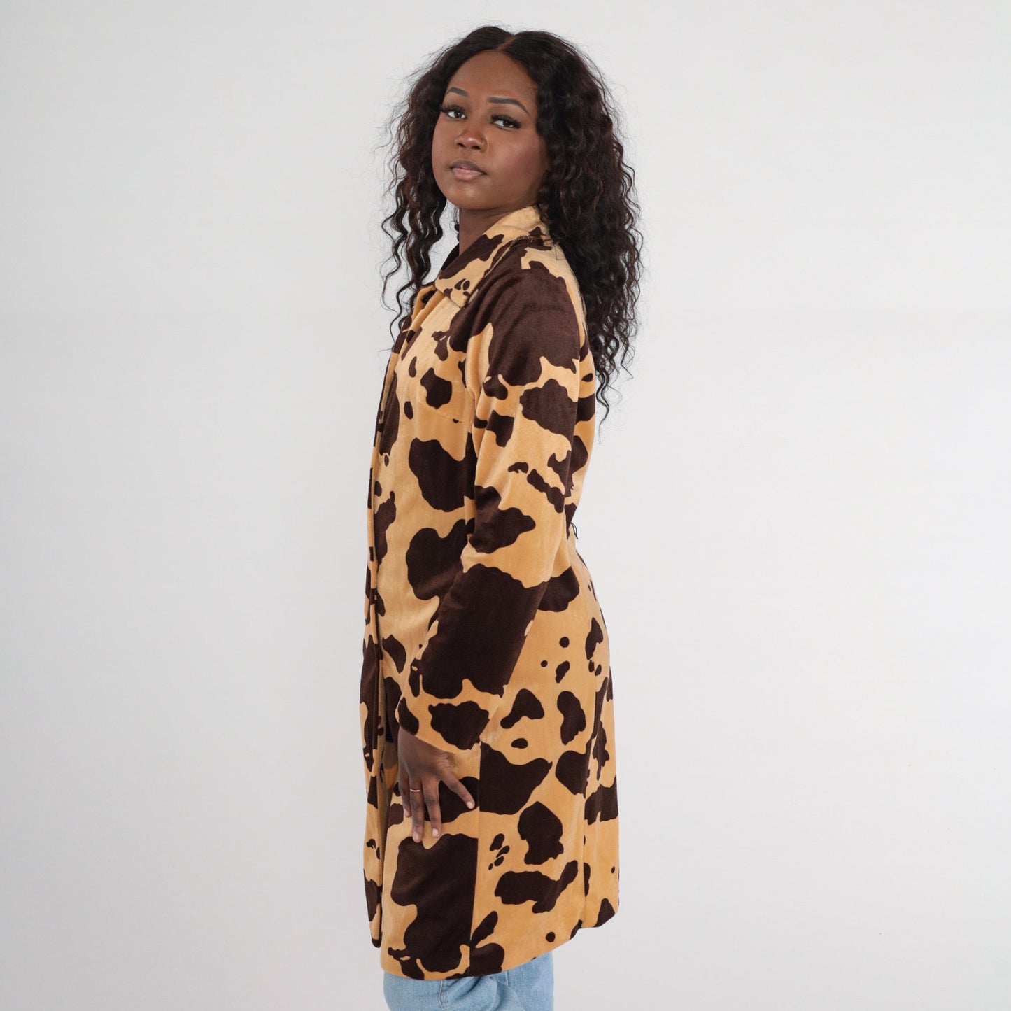 90s Cow Print Faux Fur Jacket Brown Button-Up Knee-Length Small