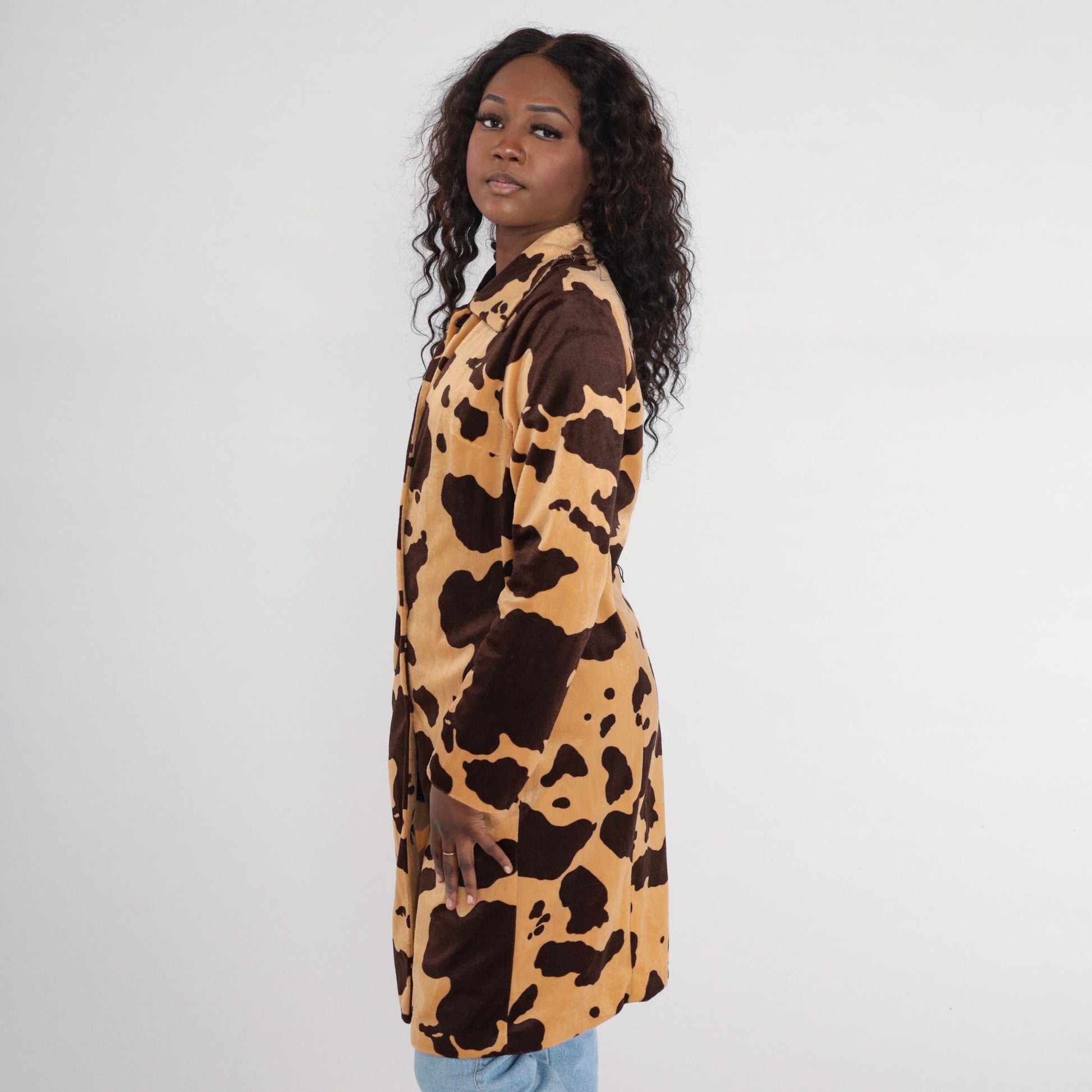 90s Cow Print Faux Fur Jacket Brown Button-Up Knee-Length Small