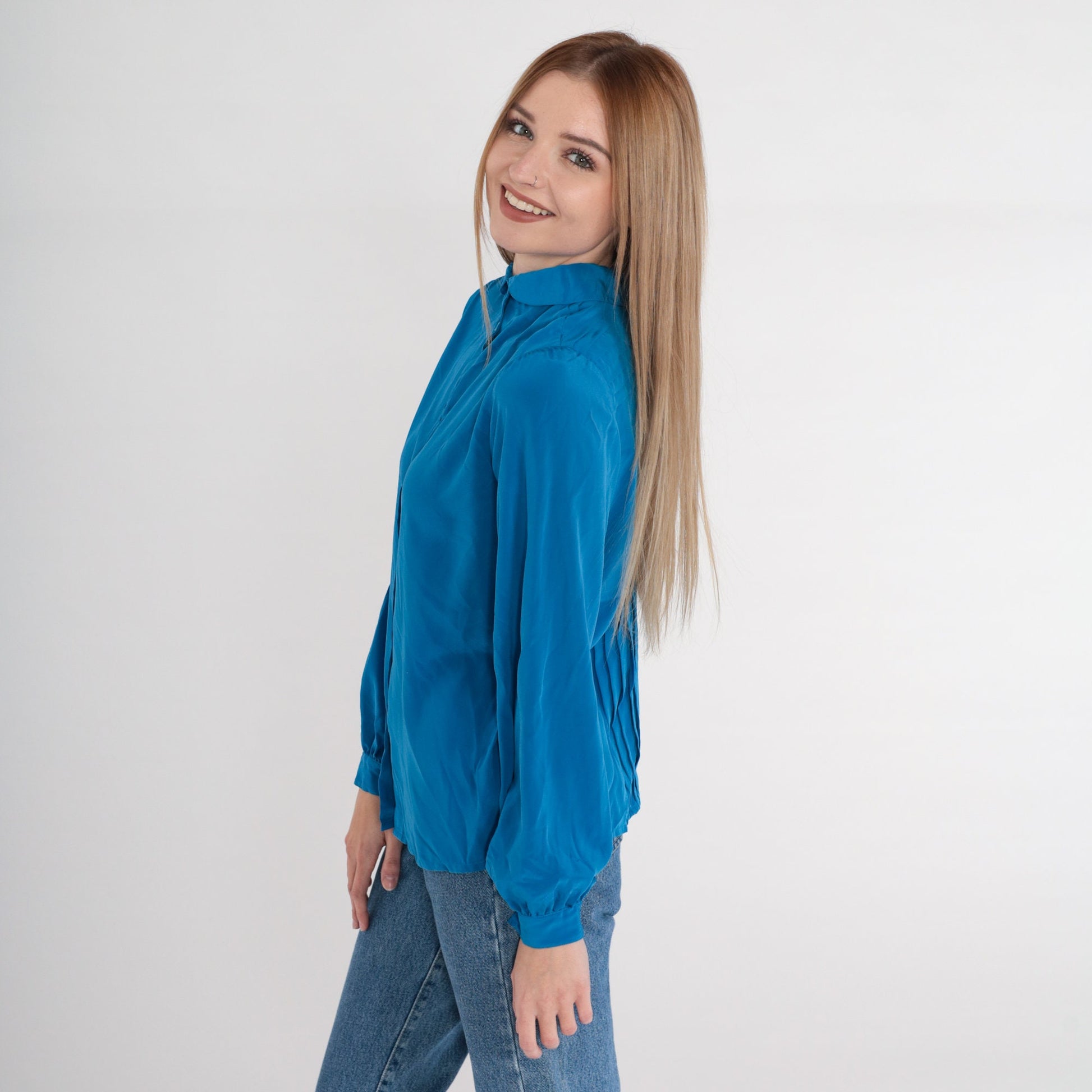 80s Blue Button-Up Blouse Peter Pan Collar Puff Sleeve Medium 8