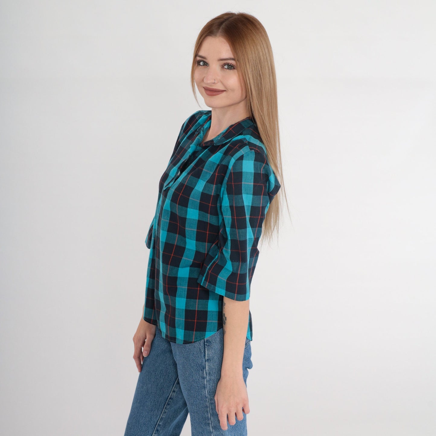 80s Turquoise Plaid Blouse Half-Button Puff Sleeve Shirt Medium M