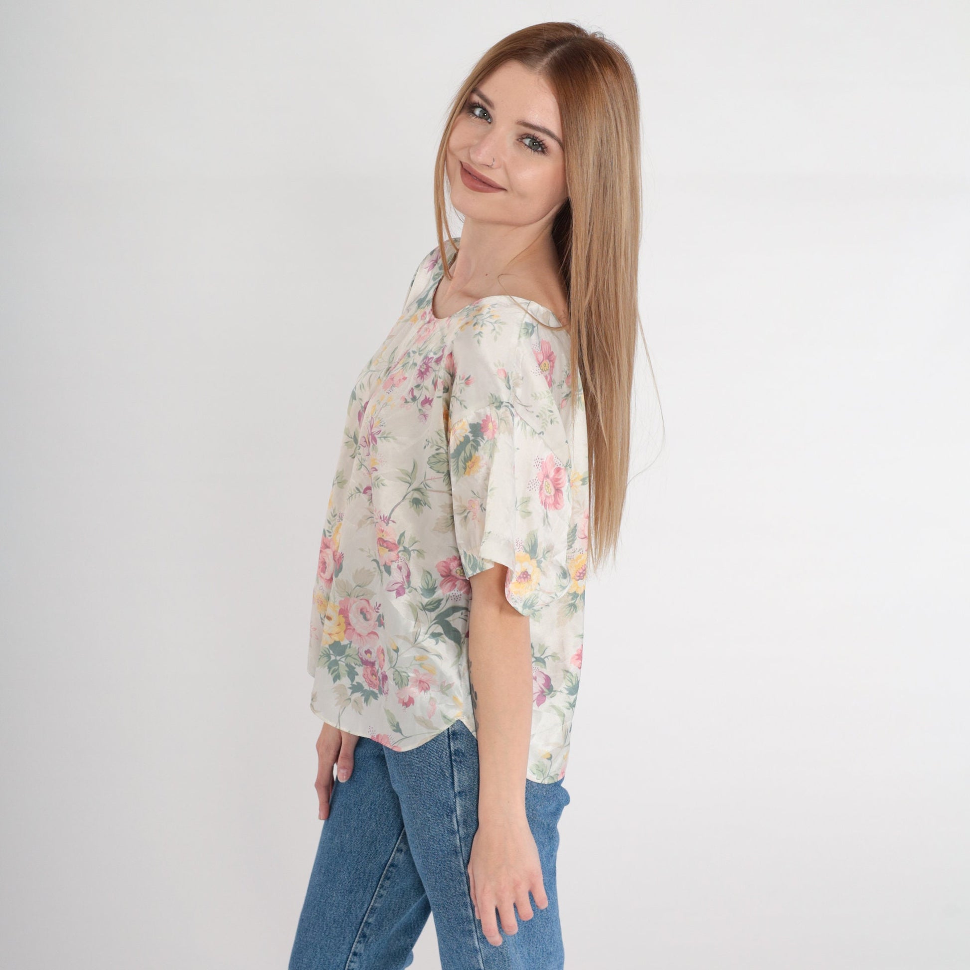 90s Barbizon Floral Satin Pajama Top Cream Half-Button Sleep Shirt Large L