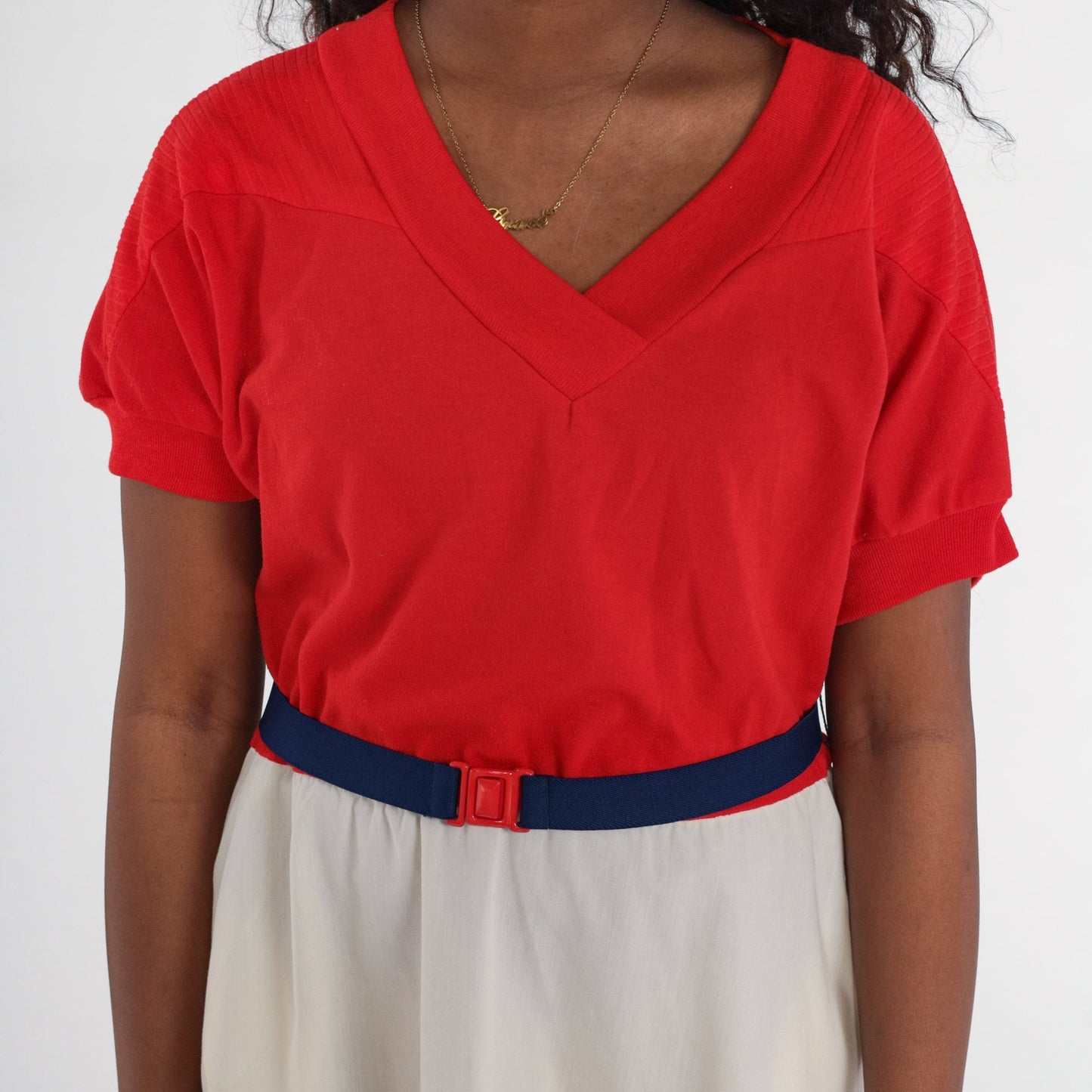 80s Color Block Mini Dress Red Off-White V-Neck Dolman Sleeve Medium Large