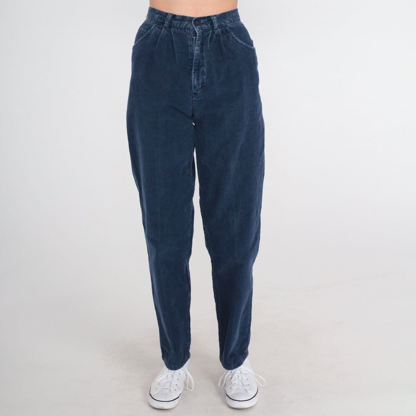 80s Navy Corduroy Pants High Waist Tapered Pleated Trousers XXS