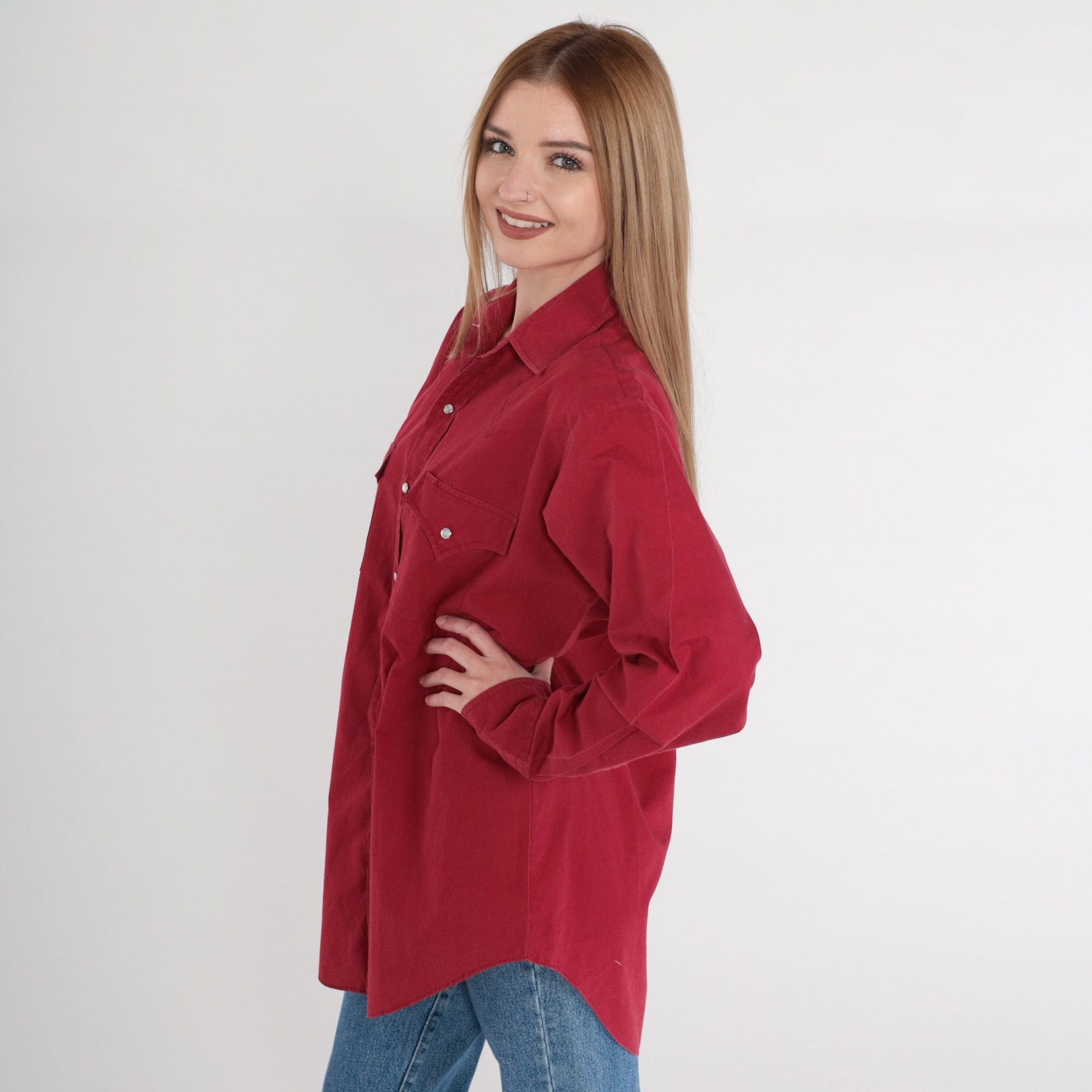90s Red Western Pearl Snap Shirt Cowboy Button Up Medium M