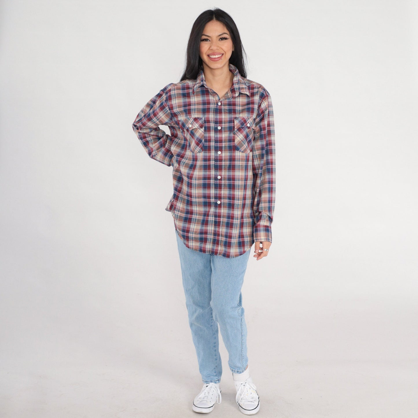 80s Levi's Plaid Button-Up Shirt Long Sleeve Red Blue Tan Large L