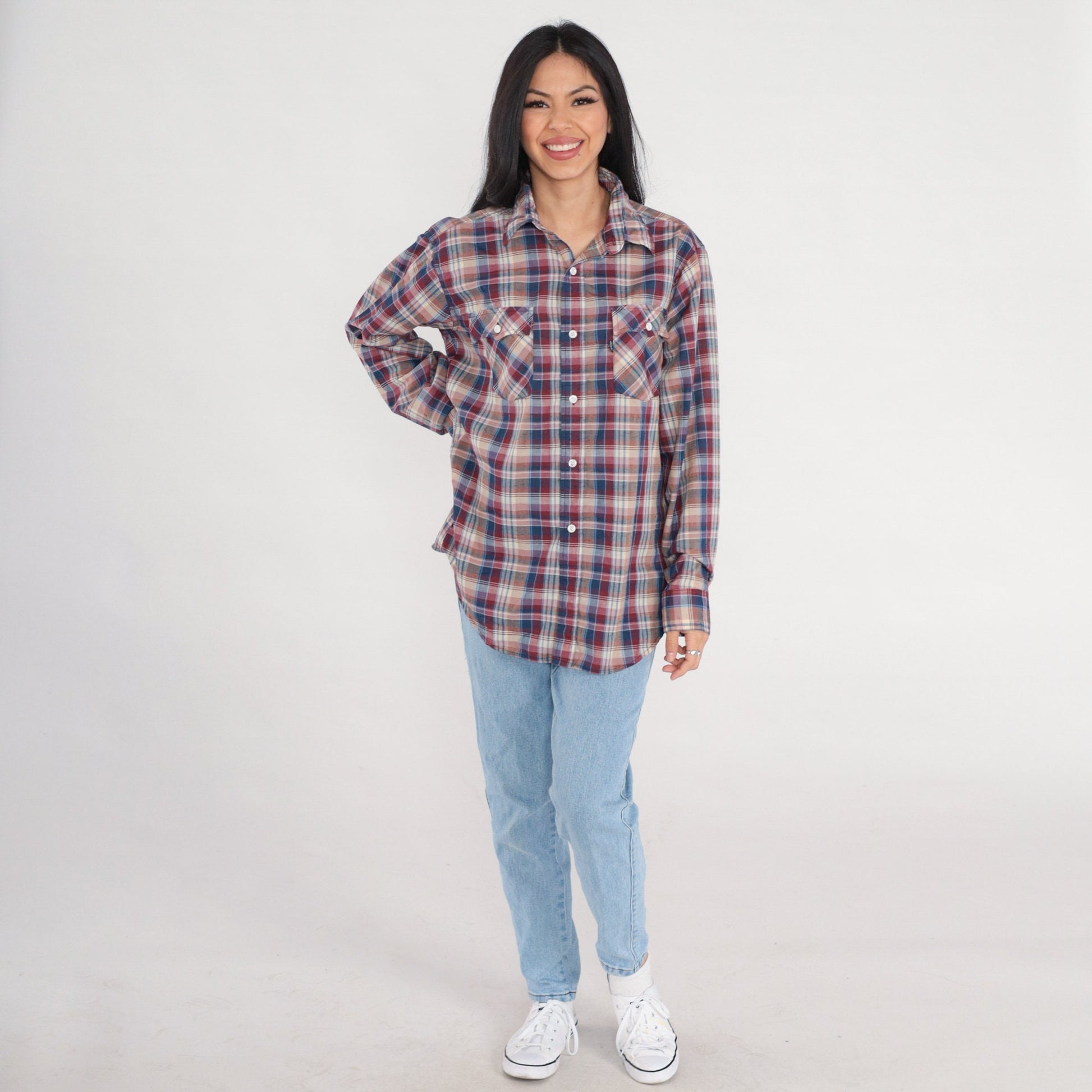 80s Levi's Plaid Button-Up Shirt Long Sleeve Red Blue Tan Large L