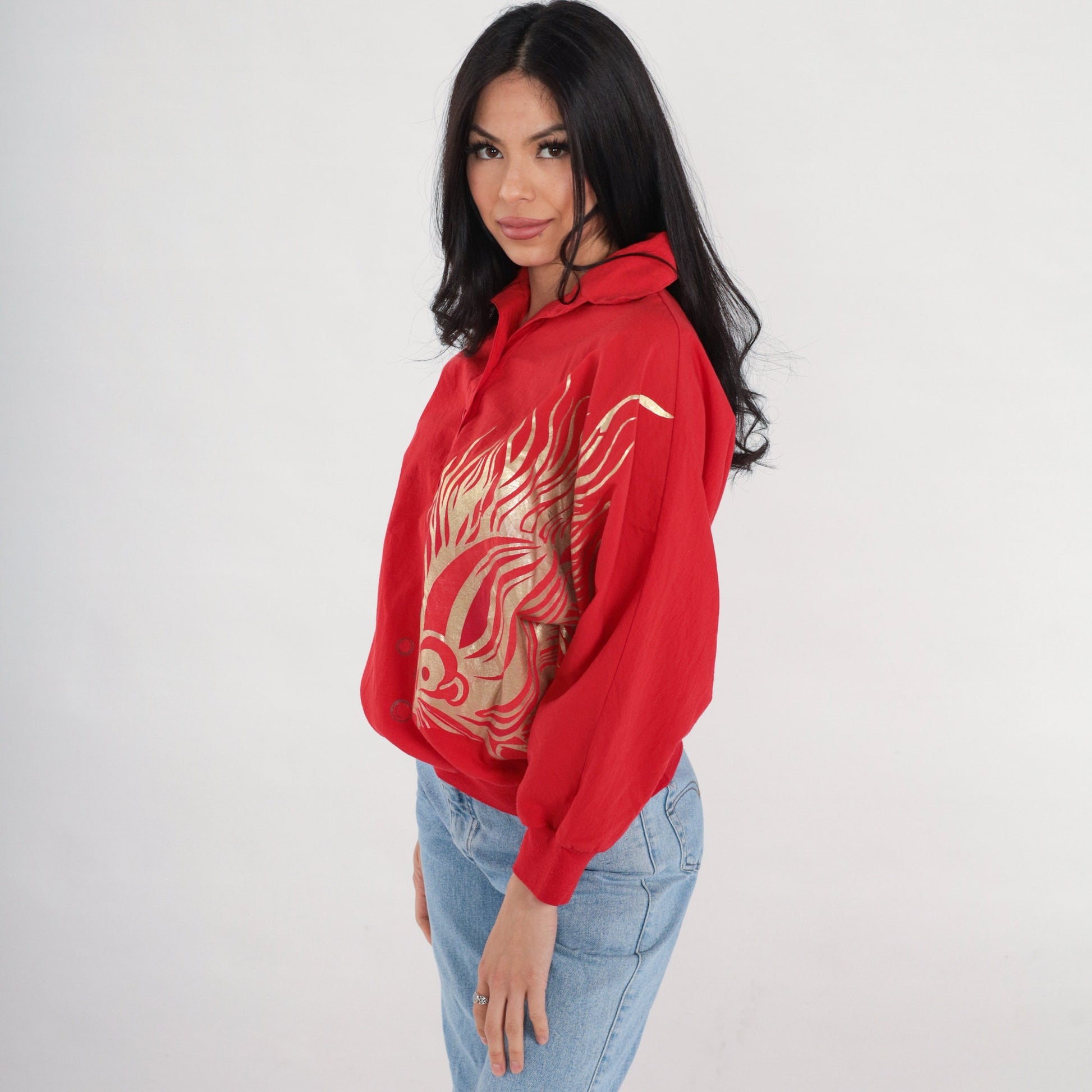 90s Red Fish Metallic Gold Graphic Collared Blouse Long Sleeve Medium M