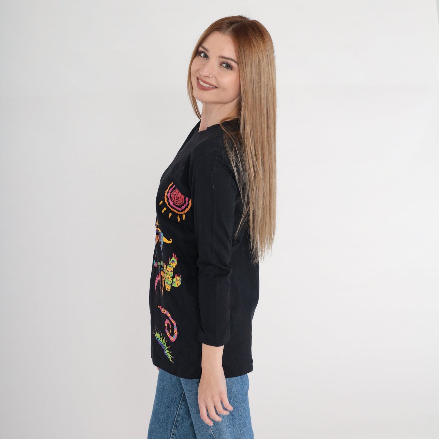 90s Southwestern Graphic Long Sleeve Tee Black Cotton Small