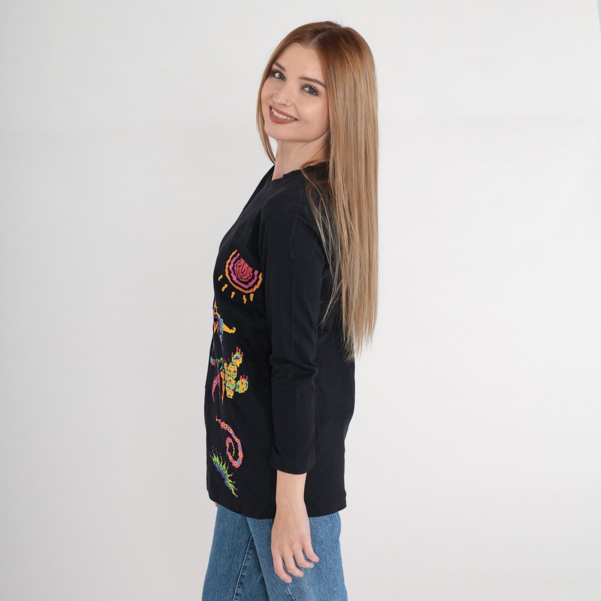 90s Southwestern Graphic Long Sleeve Tee Black Cotton Small