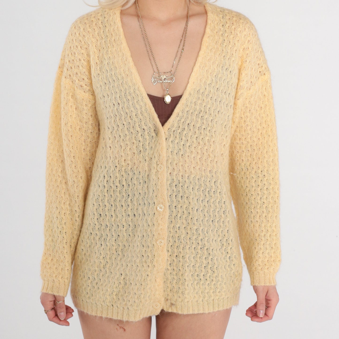 80s Yellow Mohair Cardigan Sweater Open Weave Pointelle Knit Medium