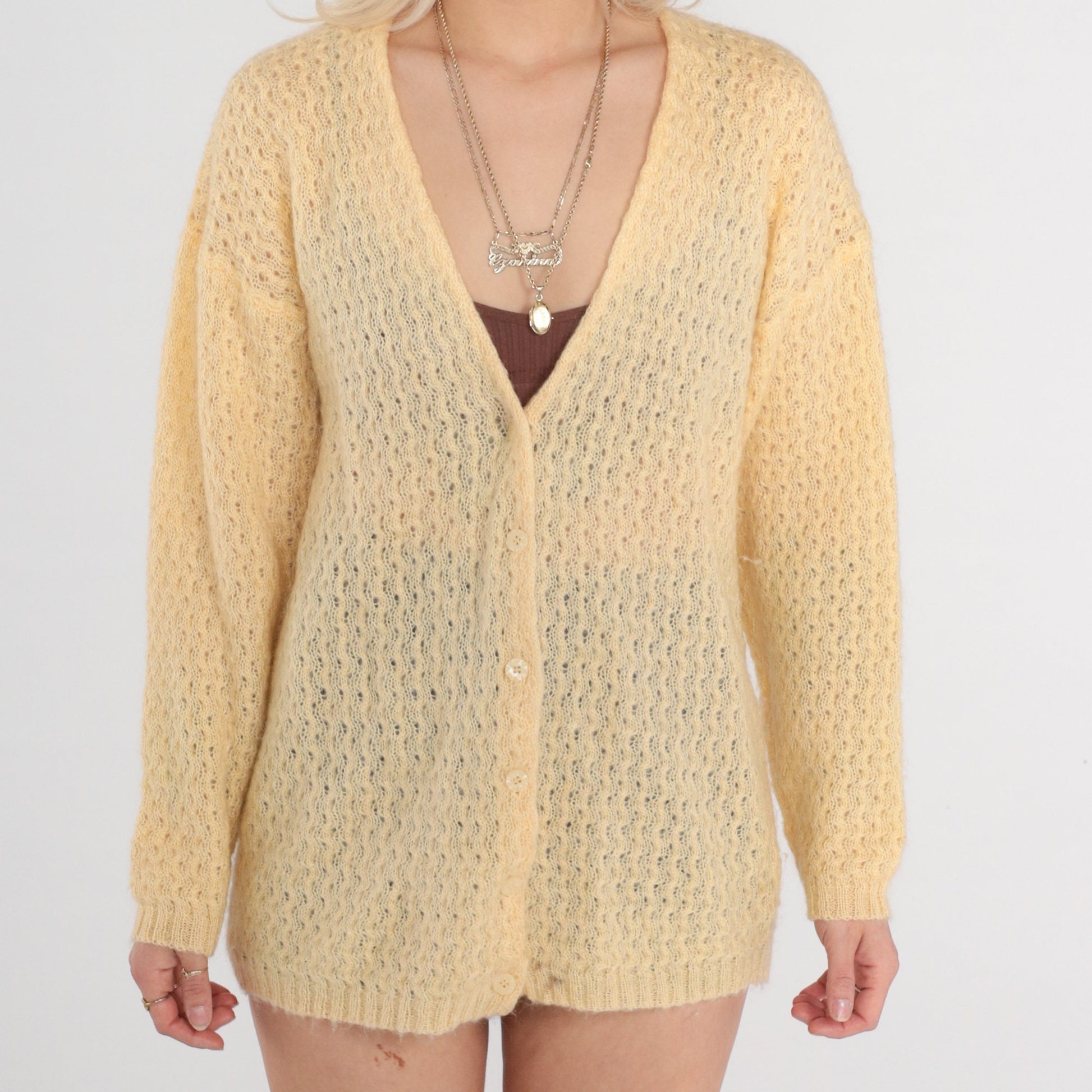 80s Yellow Mohair Cardigan Sweater Open Weave Pointelle Knit Medium