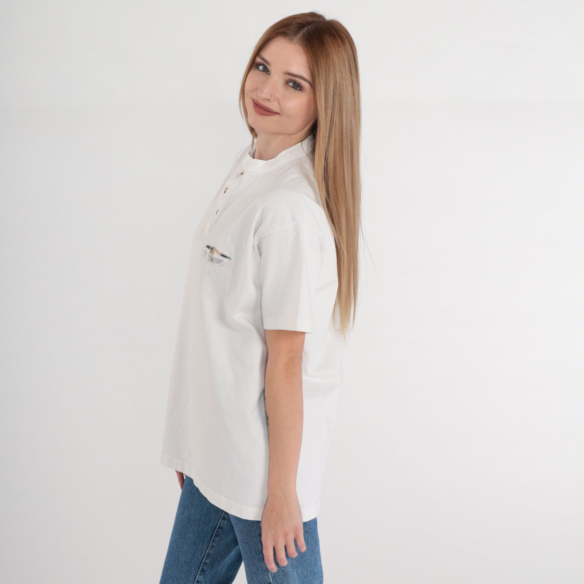 90s Alaska Whale Embroidered Henley T-Shirt White Cotton Large L