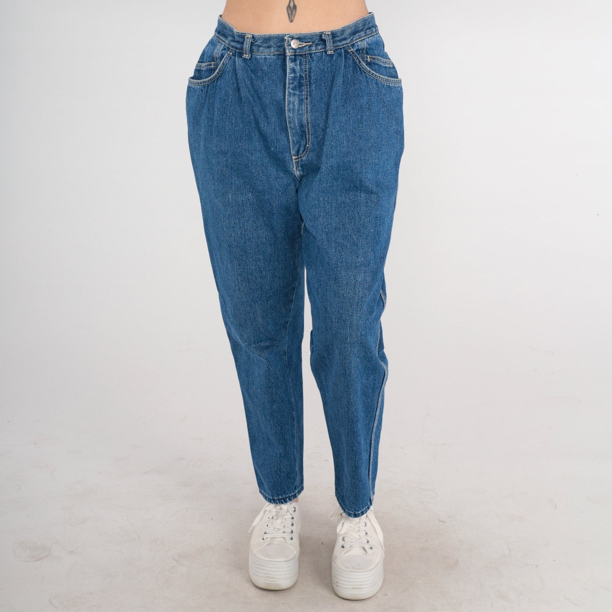 90s High Waisted Pleated Mom Jeans Tapered Denim Blue Medium