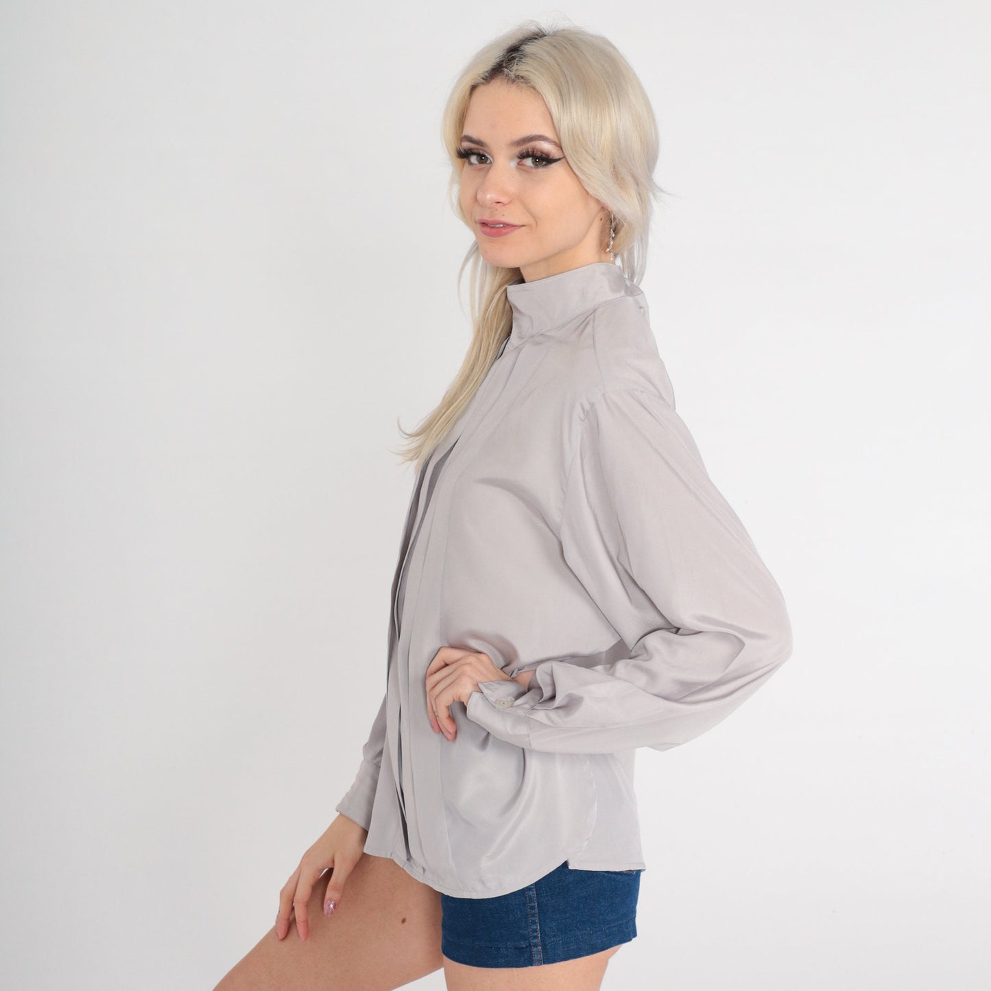 80s Christian Dior Mock Neck Blouse Grey Pleated Long Sleeve Medium 10