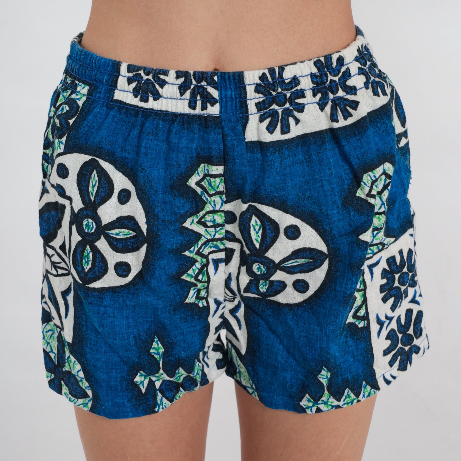 90s Hawaiian Floral Board Shorts Blue Geometric Print Swim Trunks Small