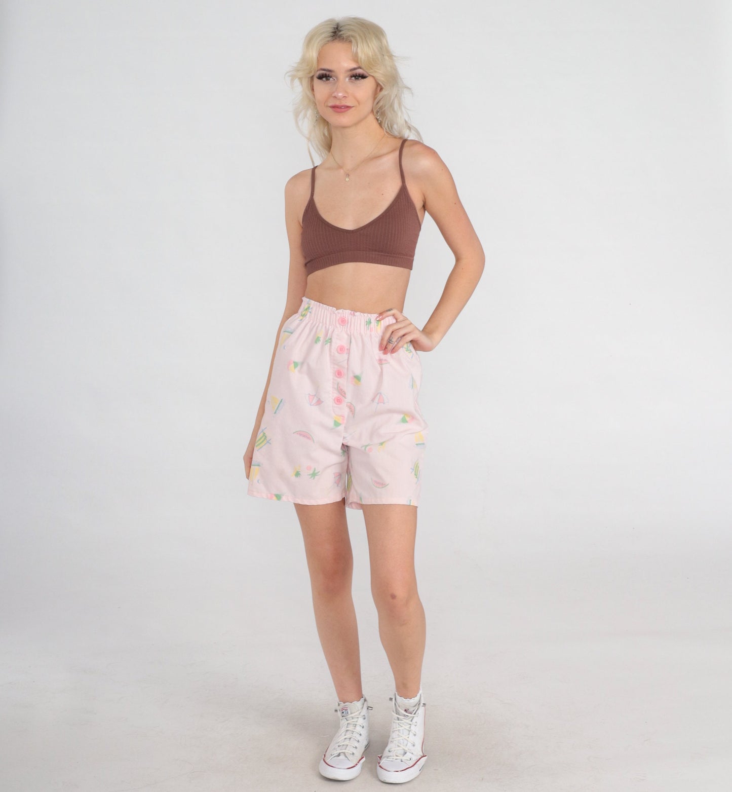 90s Pastel Pink High-Waisted Shorts Watermelon Palm Tree Sailboat Print XXS