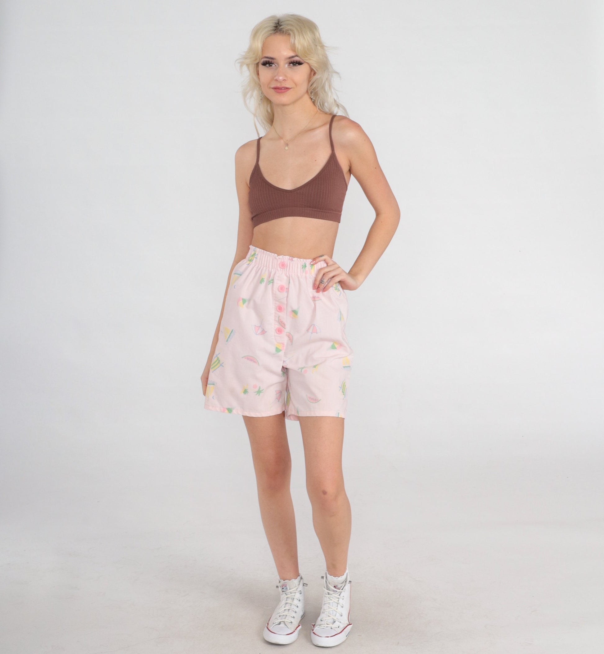 90s Pastel Pink High-Waisted Shorts Watermelon Palm Tree Sailboat Print XXS