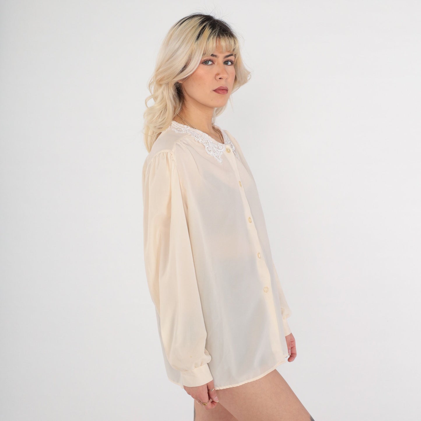 80s Cream Puff Sleeve Button-Up Blouse Lace Collar Long Sleeve Large