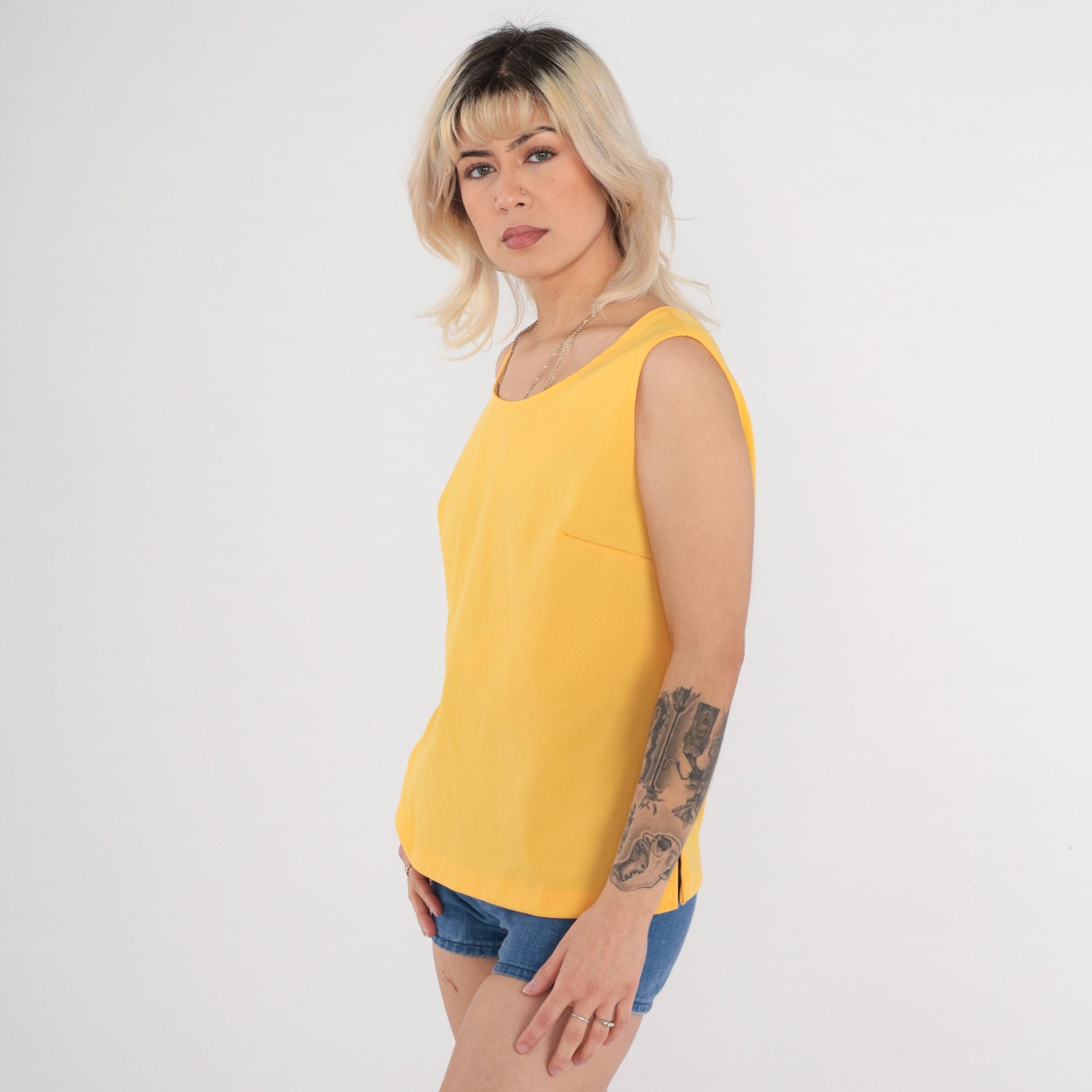 70s Yellow Tank Top Sleeveless Scoop Neck Polyester Medium