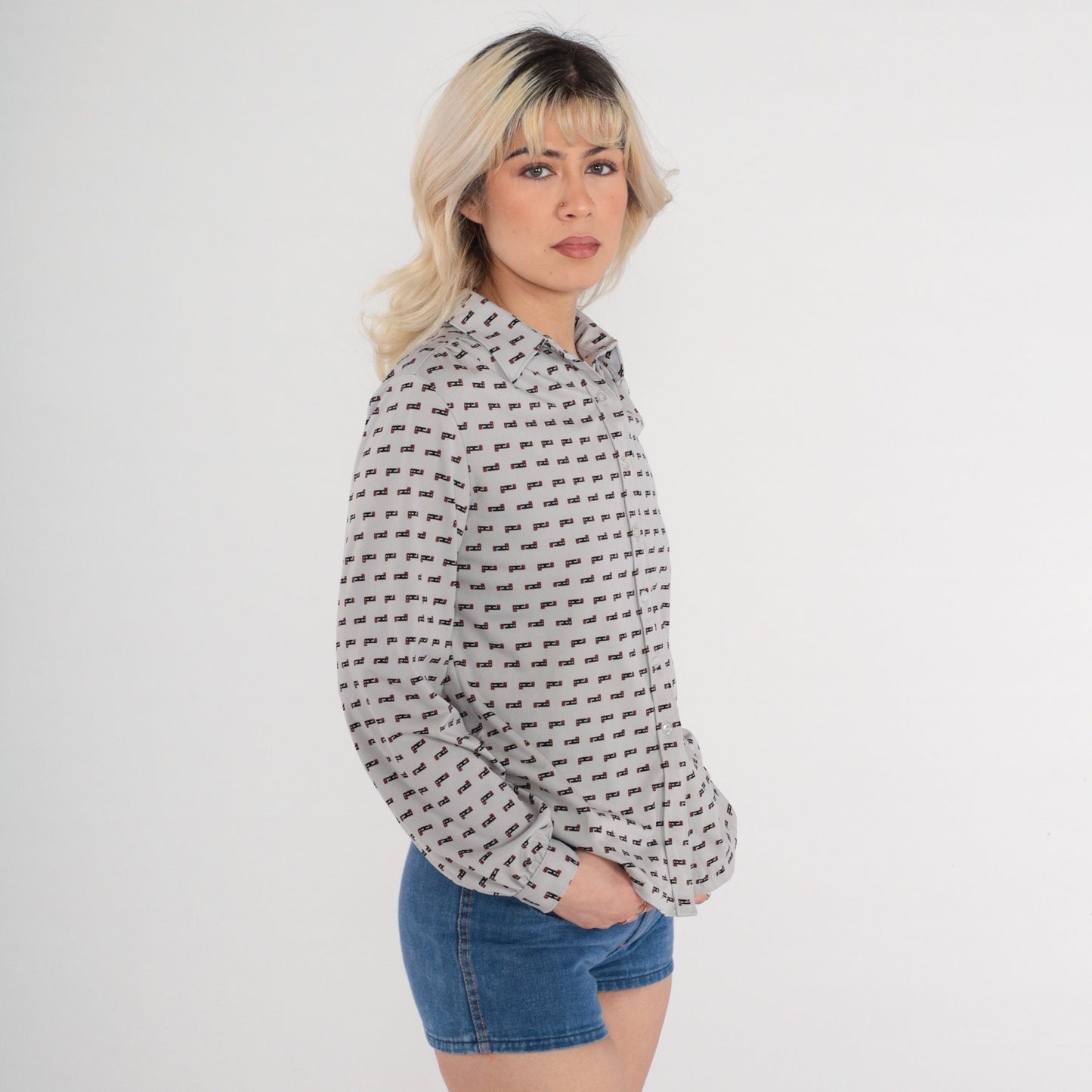 70s Grey Abstract Print Button-Up Blouse Dagger Collar Long Sleeve Medium
